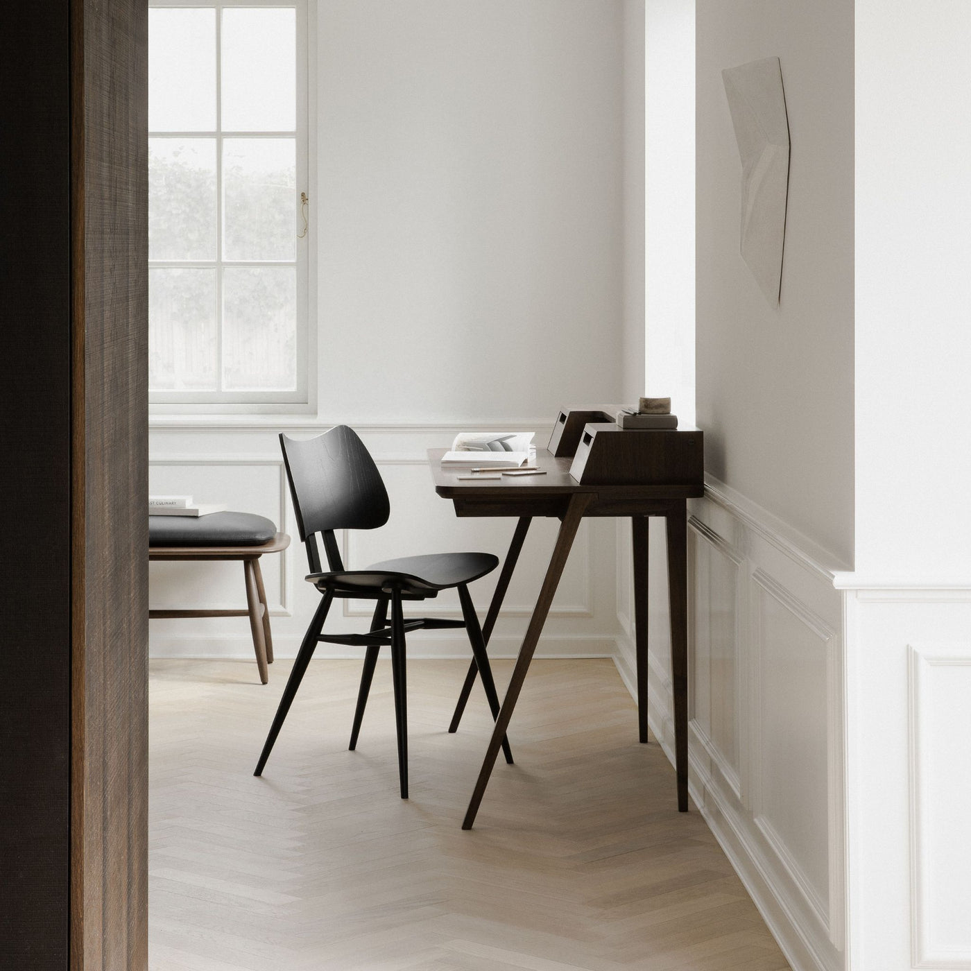 L.ercolani Treviso Desk with Butterfly Chair and Von Bench in Home Office with Herringbone Floors