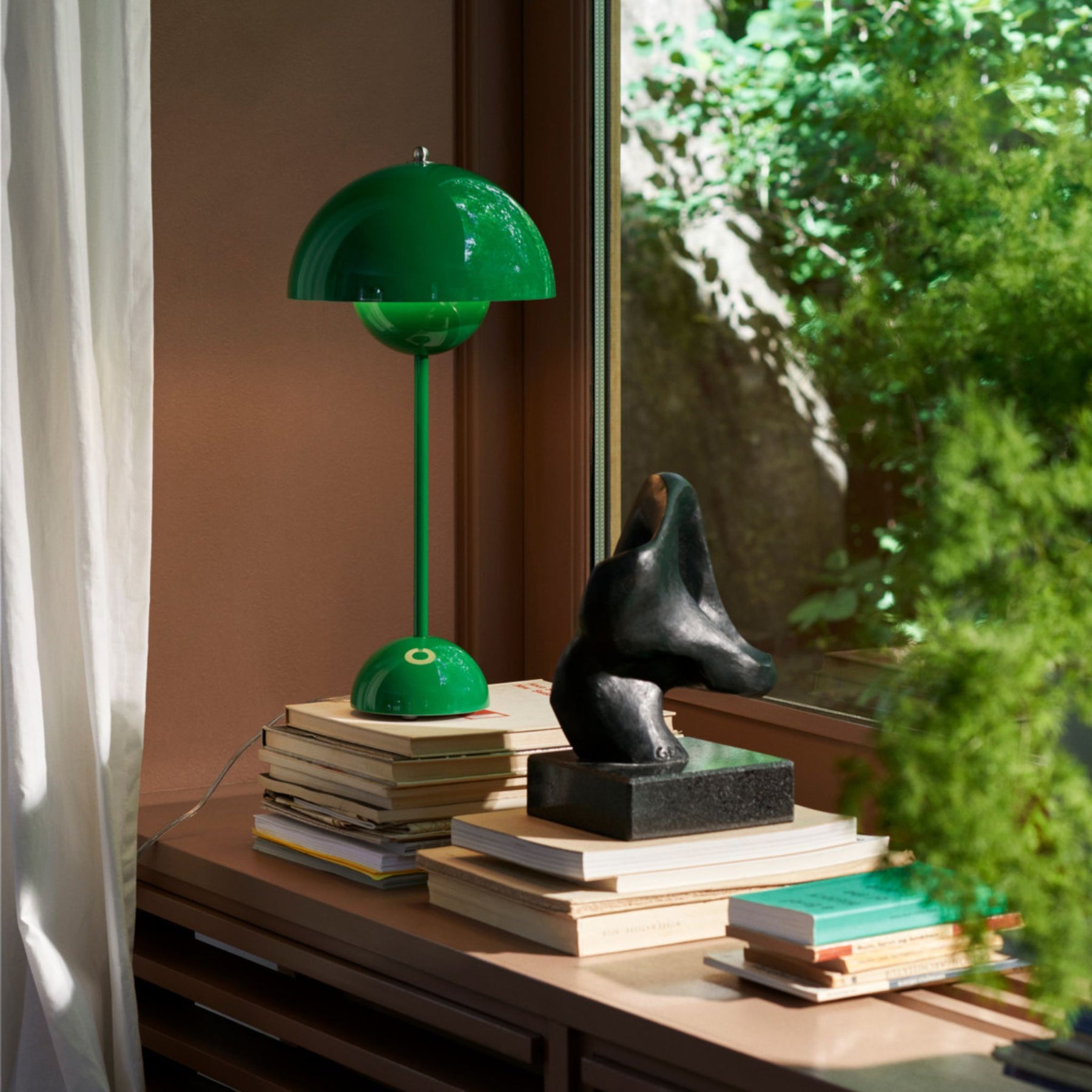 &Tradition VP3 Table Lamp Signal Green on Desk with Books