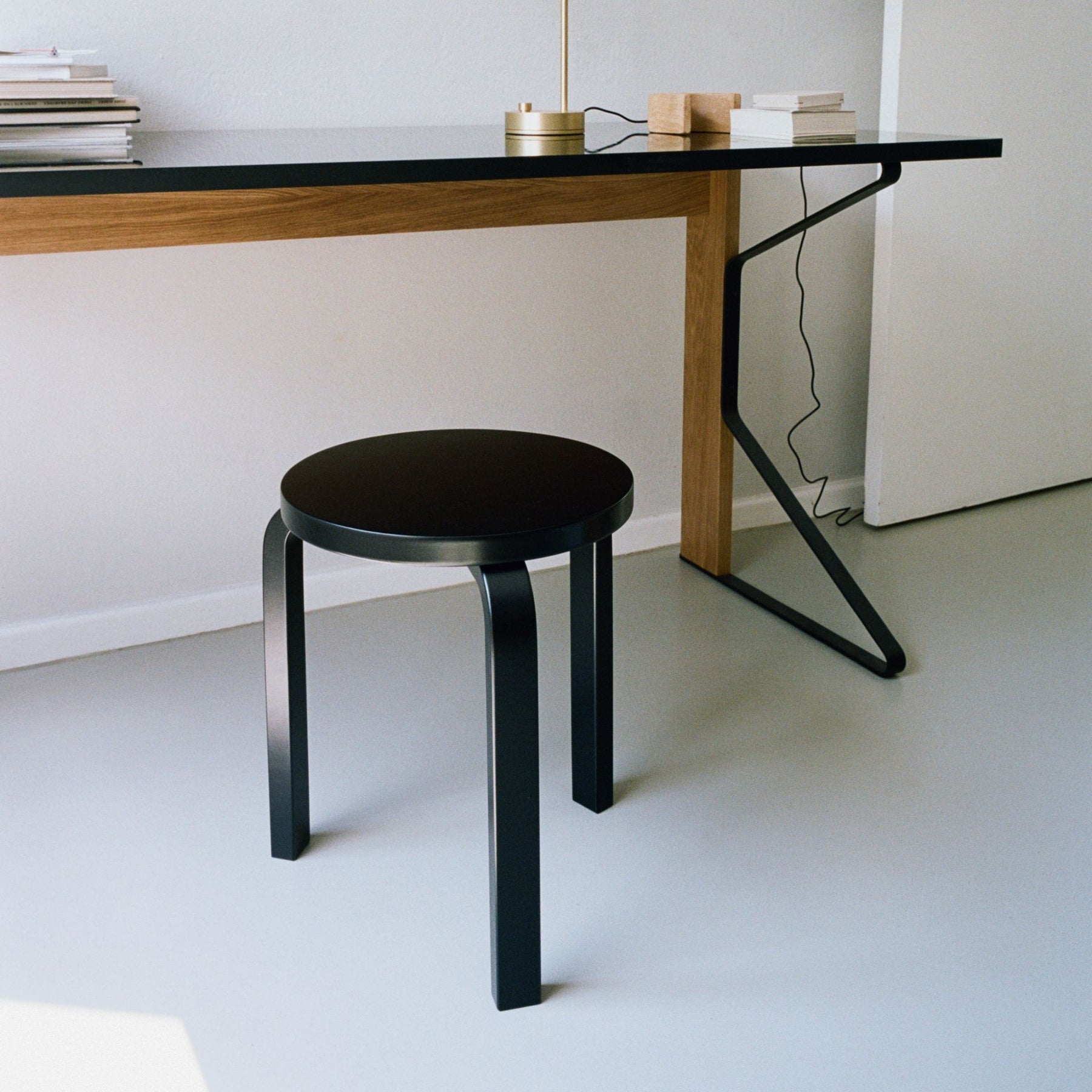 Artek Alvar Aalto Stool 60 Black Lacquer with Kaari Desk