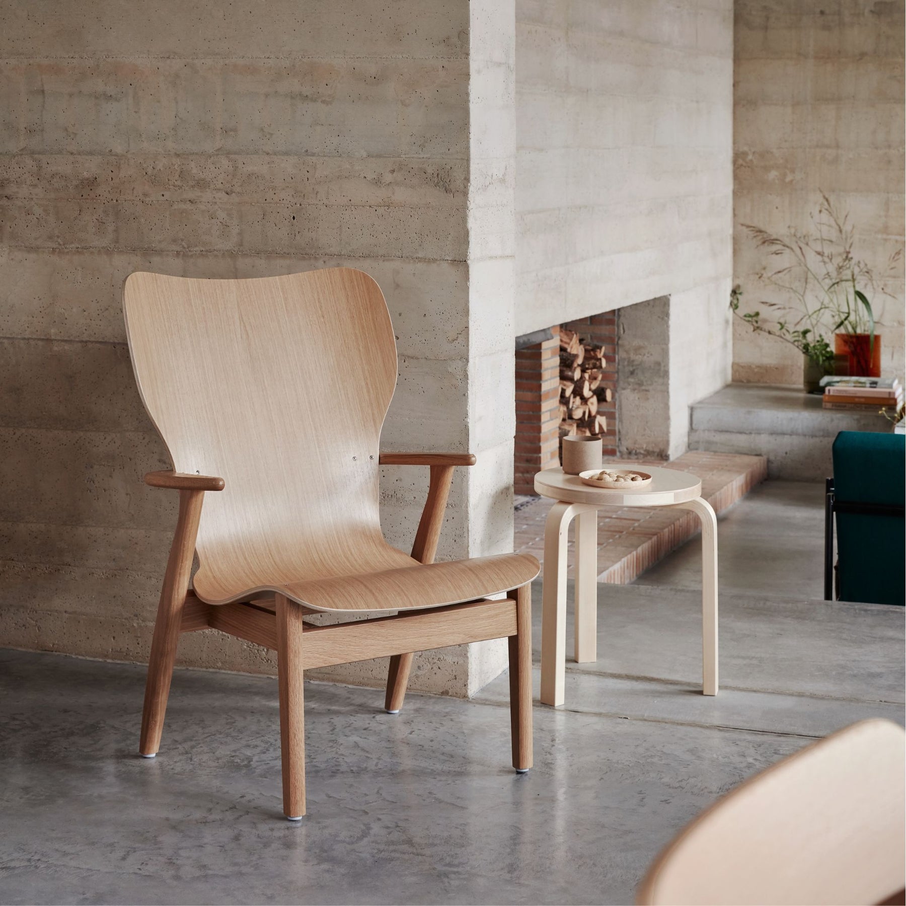 Artek Alvar Aalto Stool 60 by Fireplace with Domus Chair