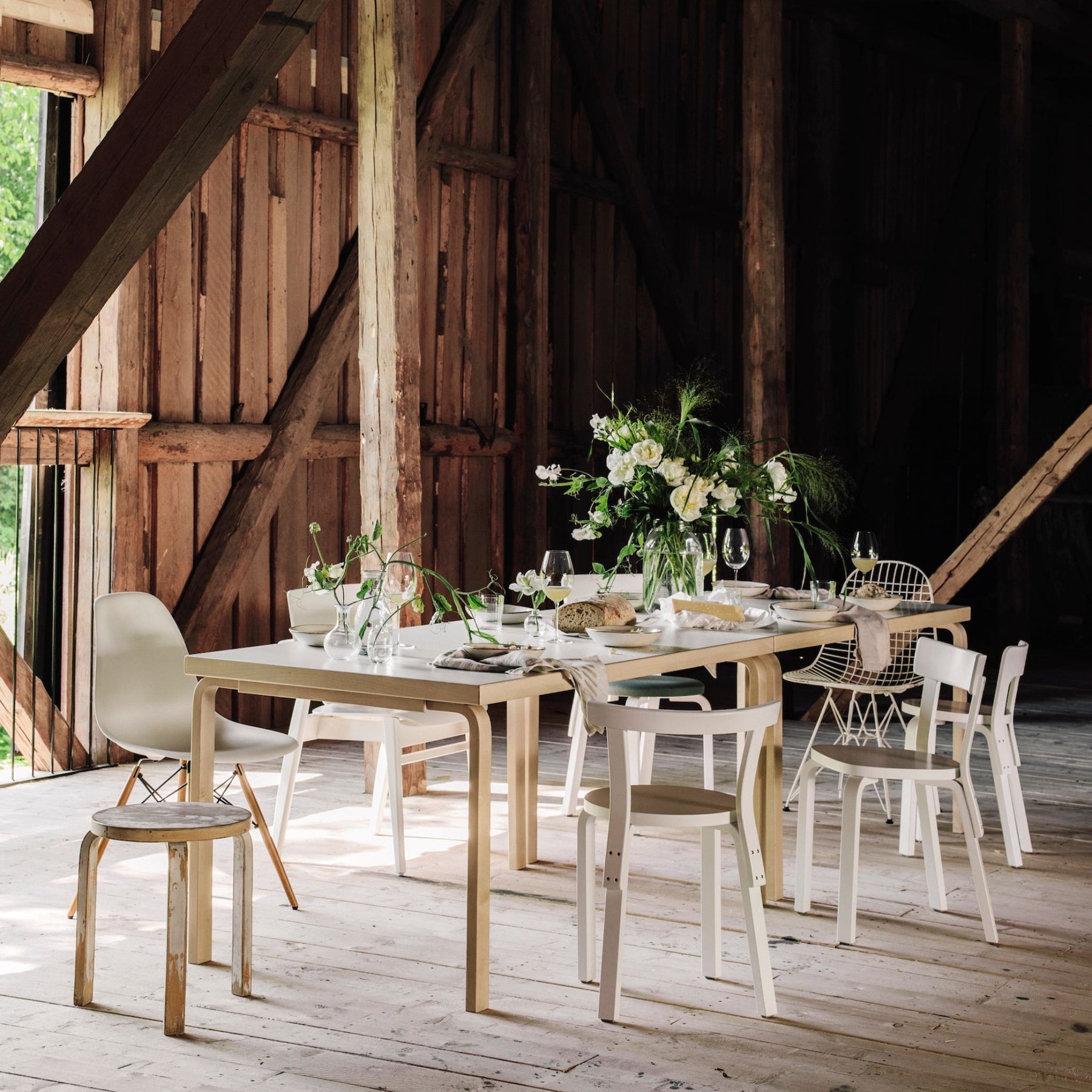 Artek Alvar Aalto Stool 60 in Rustic Barn Tablescape