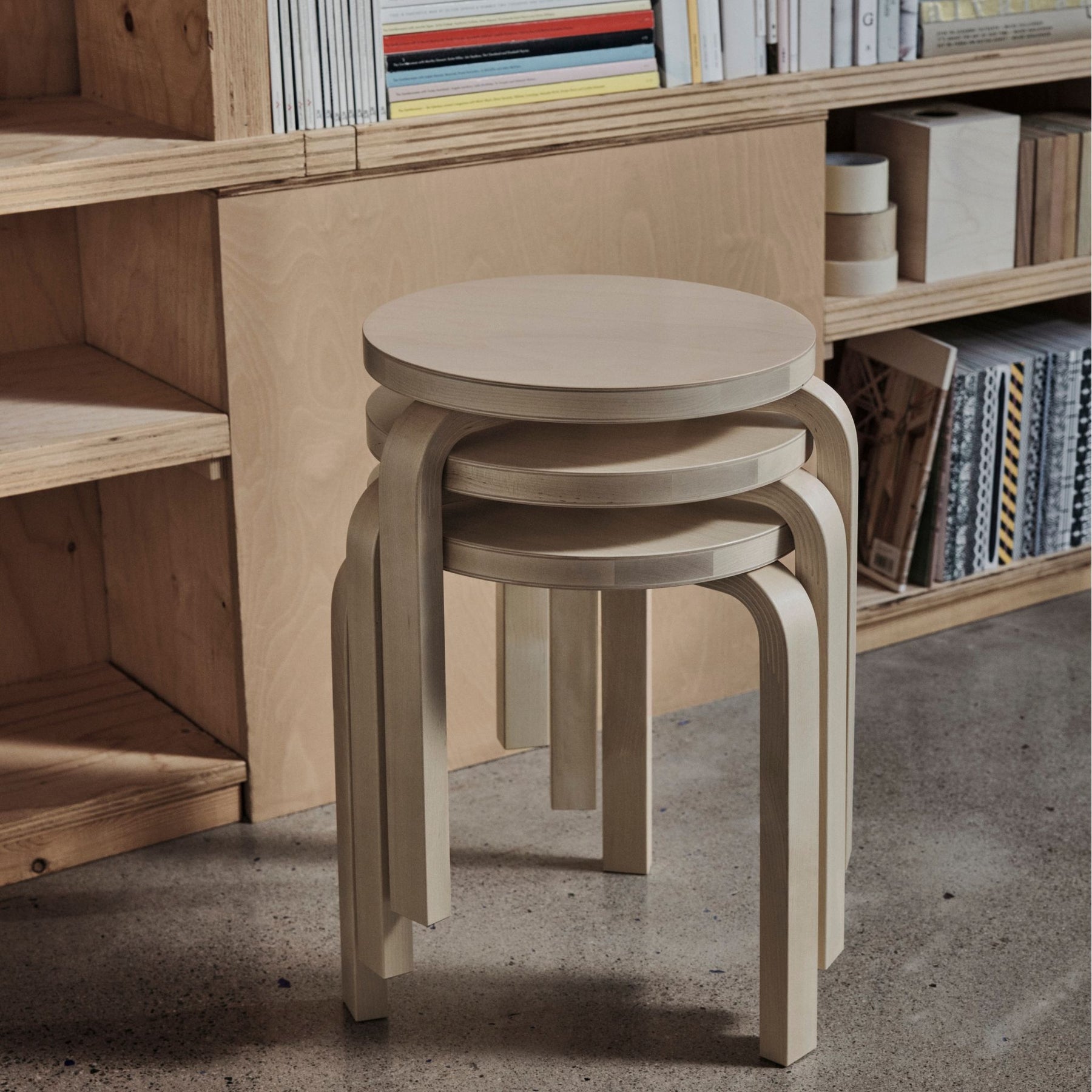 Artek Alvar Aalto Stool 60 Natural Birch Stacked in Finnish Library