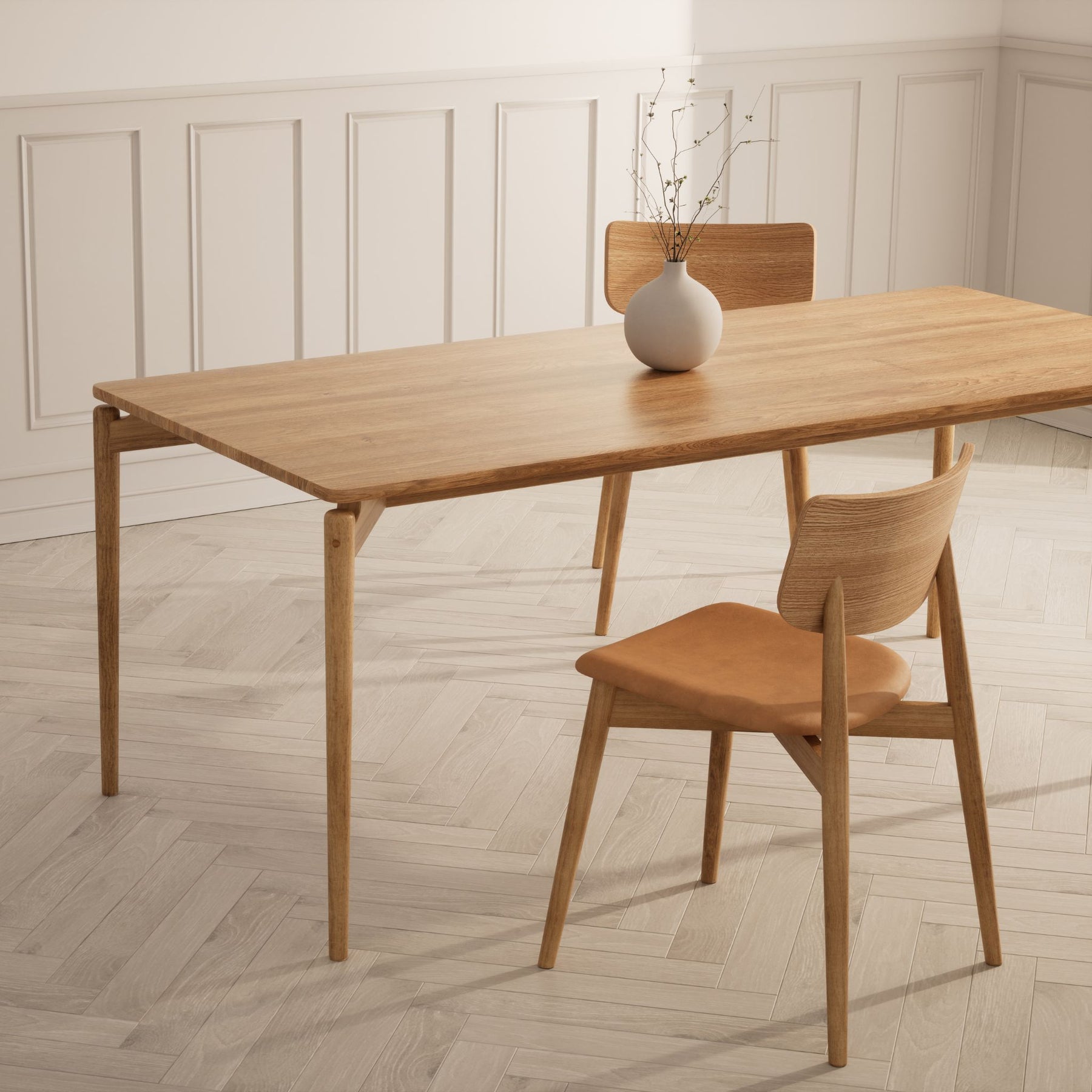 Bruunmunch Chiara Dining Chairs in Room with PURE Dining Table and herringbone floors