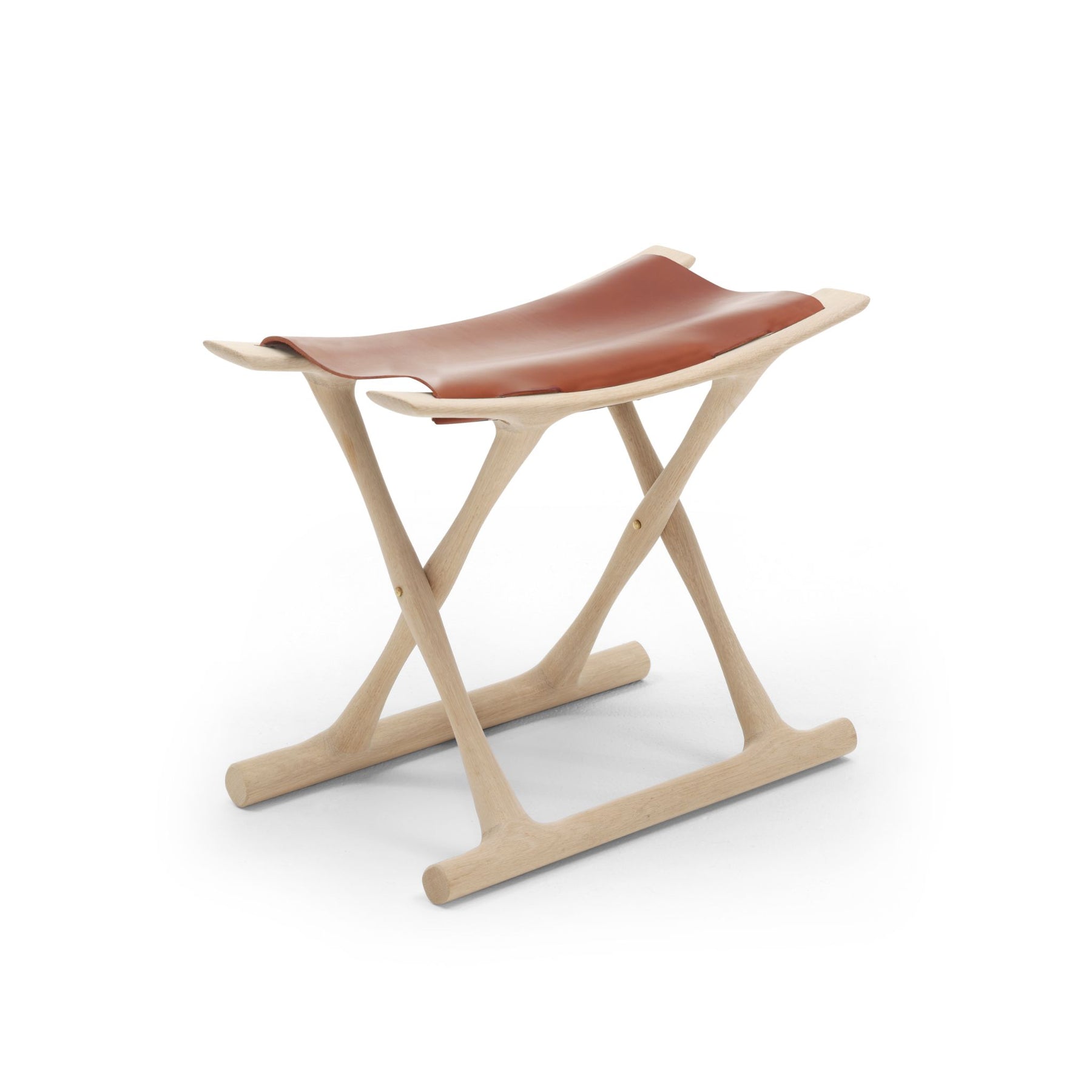 Carl Hansen OW2000 Folding Stool by Ole Wanscher Oak Soap Frame Cognac Saddle Leather Seat Angled