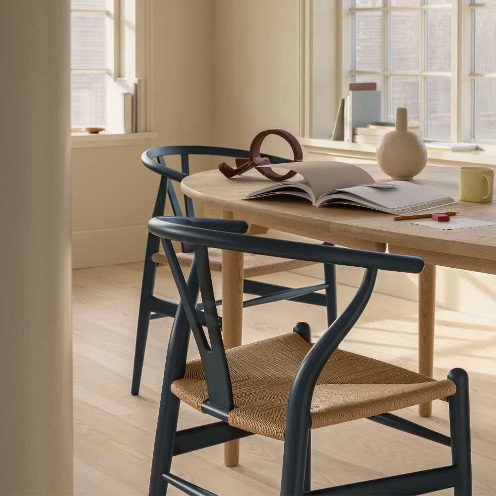 Wegner Wishbone Chairs in Ilse Crawford Soft North Sea in Home Office Detail