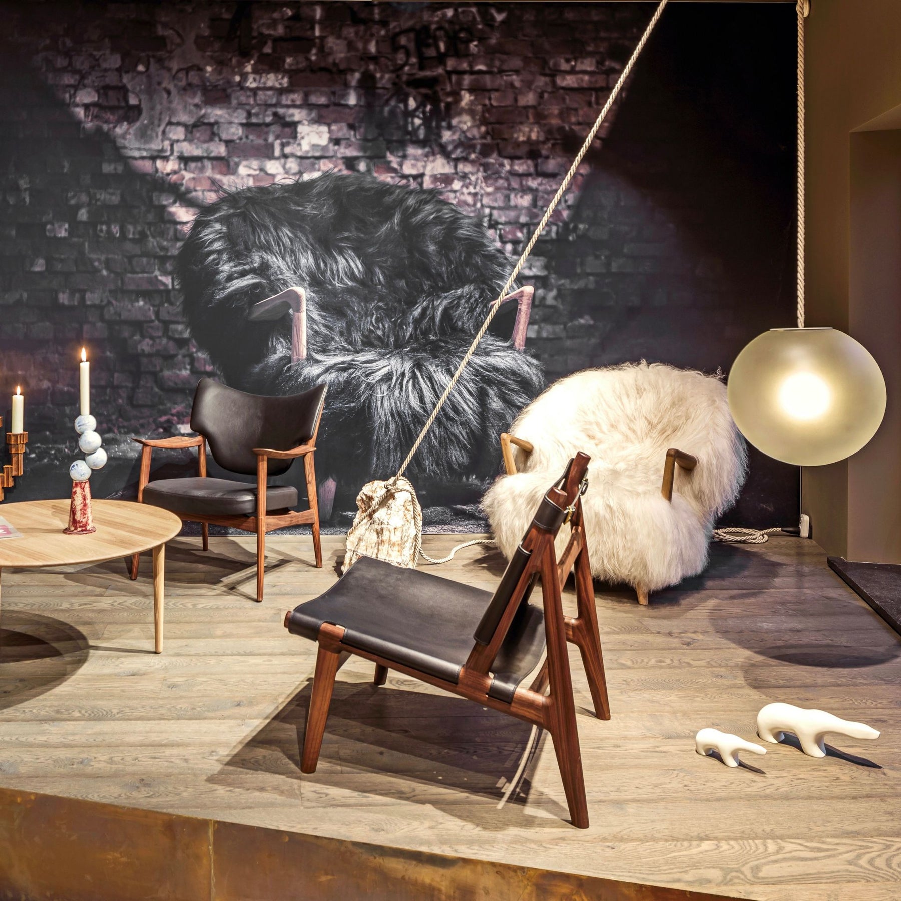 Eikund Fluffy Lounge Chairs Natural White Sheepskin Oak Arms in Eikund Showroom