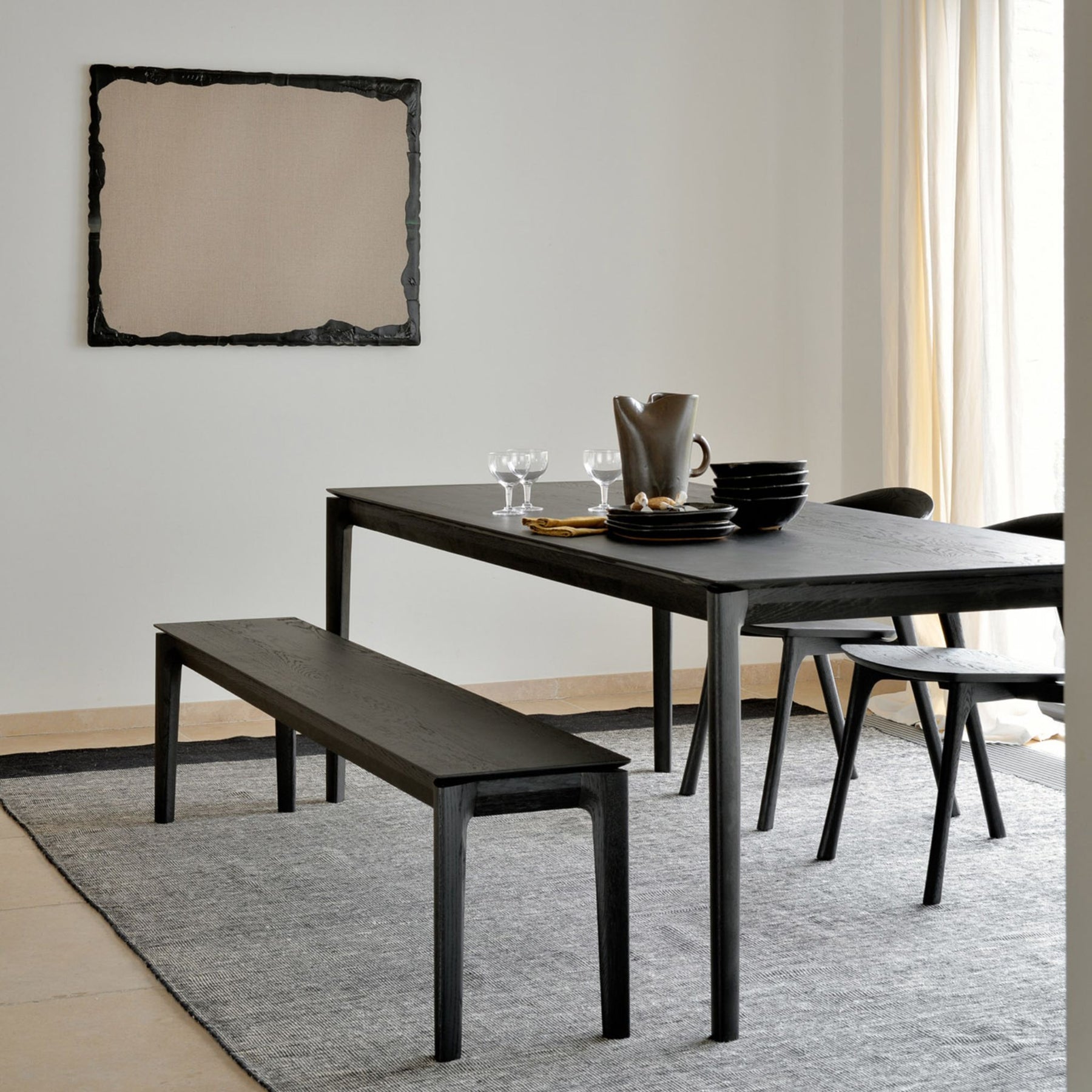 Ethnicraft Black Oak Bok Dining Table in Situ with Bench and Bok Dining Chairs