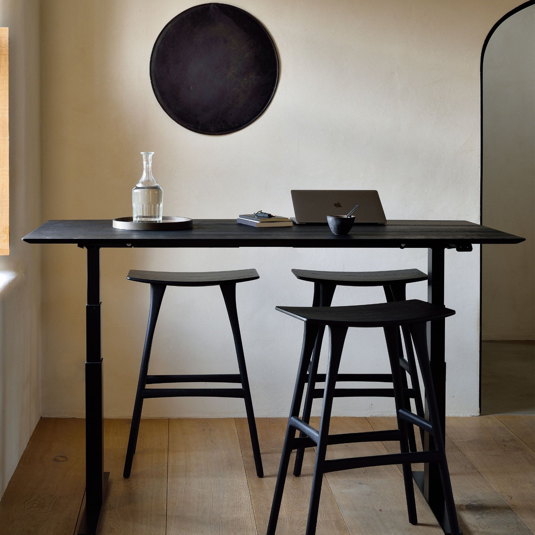 Ethnicraft Osso Counter Stools Black Oak with height adjustable Sit-Stand Desk
