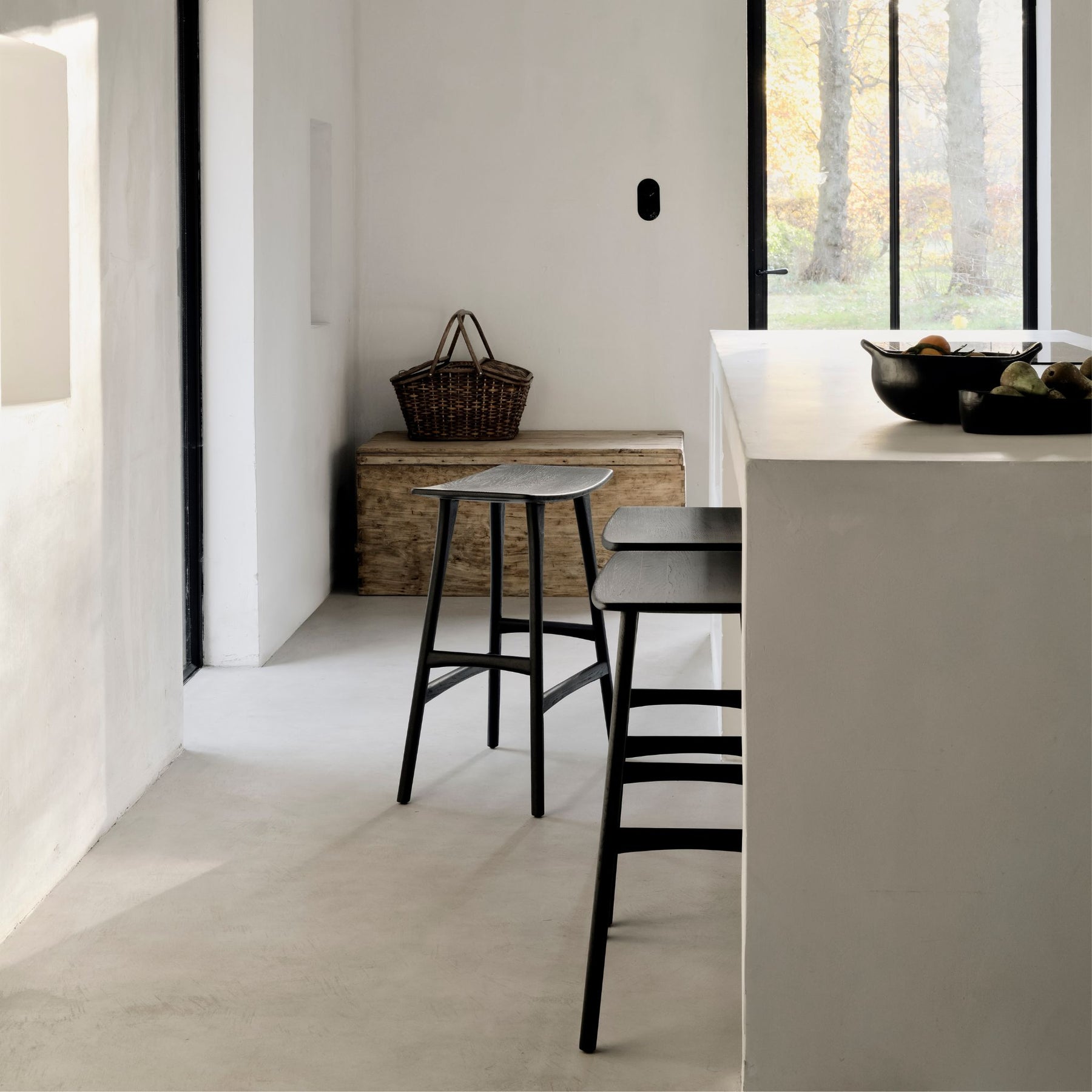 Ethnicraft Osso Counter Stools Black Oak in minimalist Belgian Kitchen