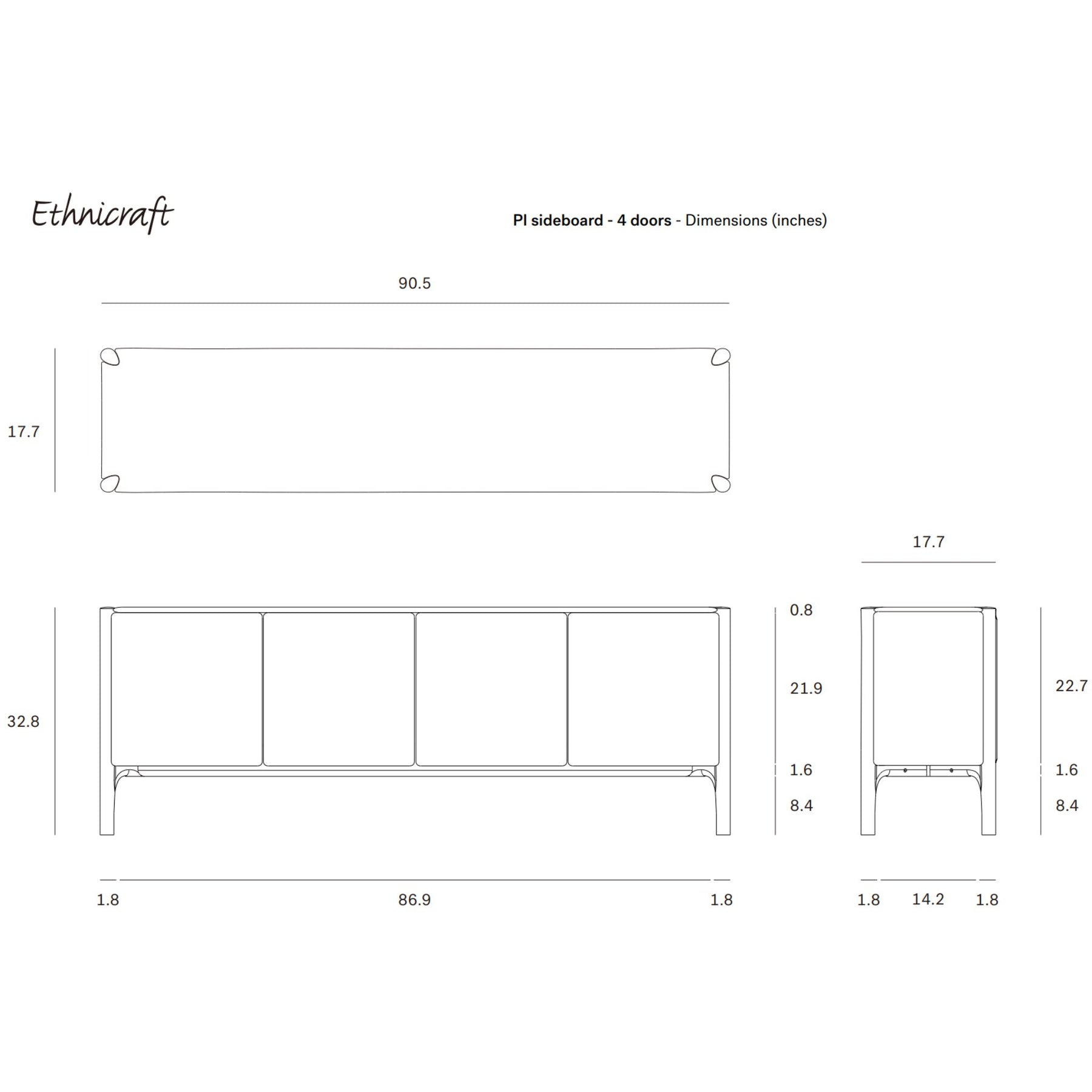 Ethnicraft Pi Sideboard 4-Door 51319 Line Drawing Dimensions