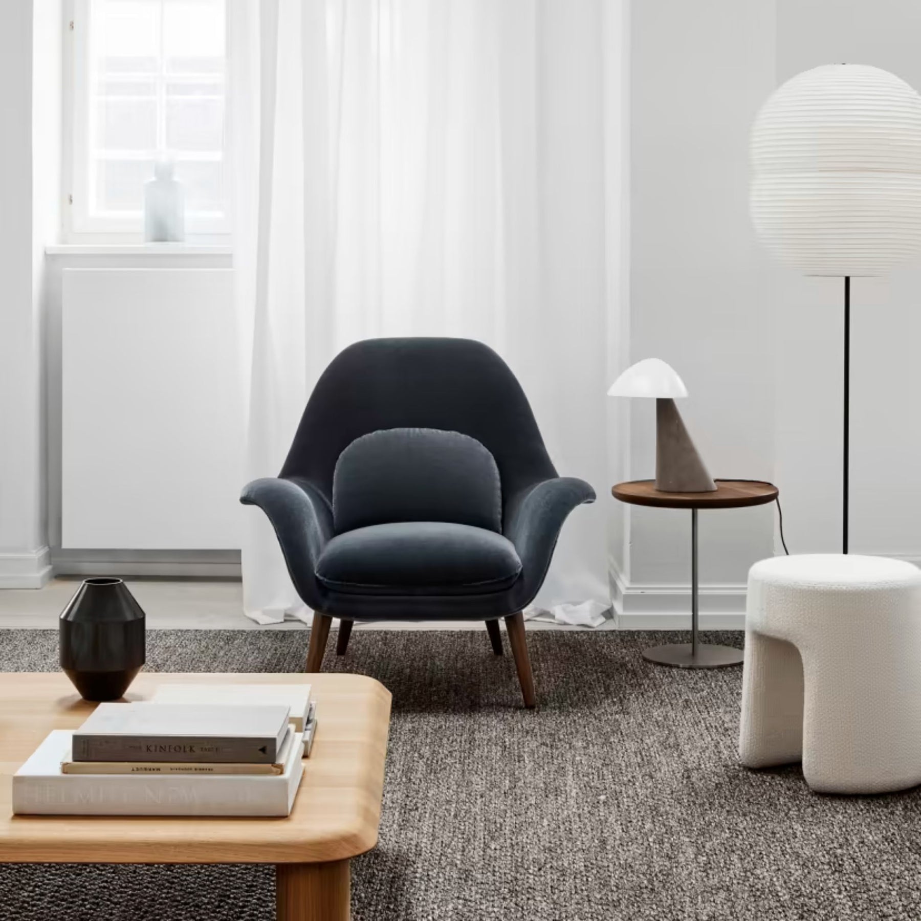 Fredericia Swoon Lounge Charcoal Velvet in Living Room with Sequoia Pouf