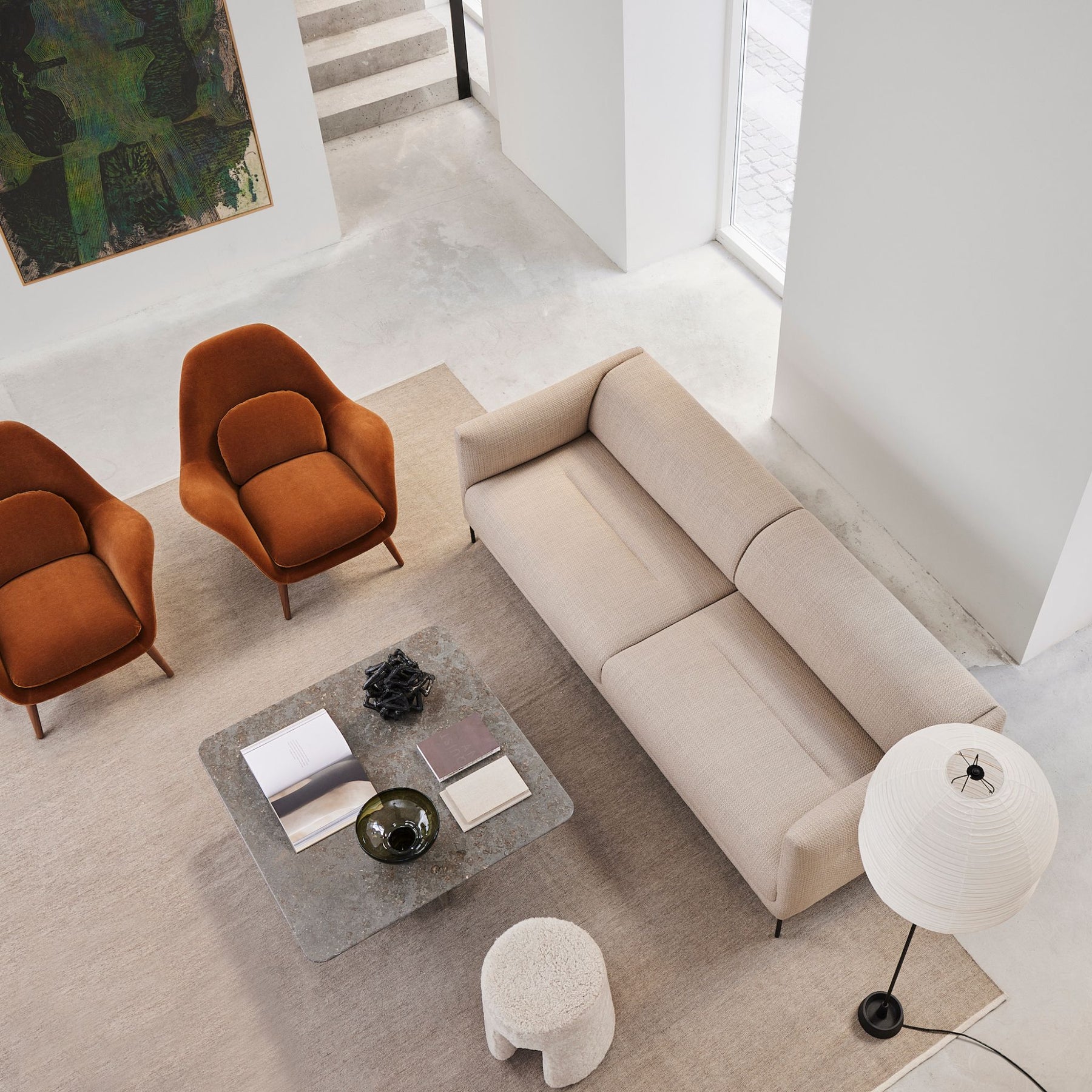 Fredericia Swoon Lounge Chairs Copper Velvet in Living Room with Konami Sofa Tableau Coffee Table and Sequoia Pouf
