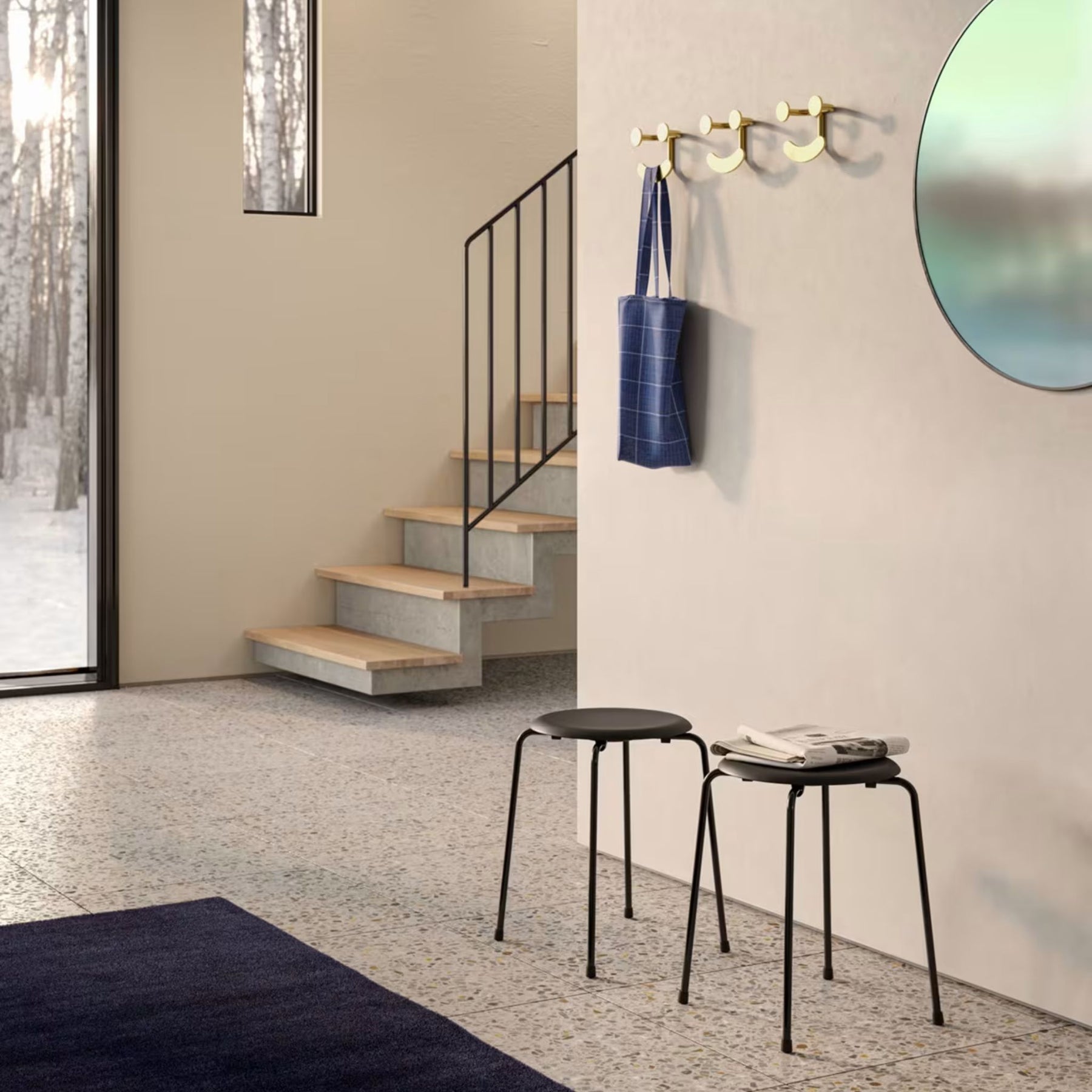 Fritz Hansen Arne Jacobsen Dot Stools in Entryway with Brass Happy Hooks and Studio Rosso Mirror