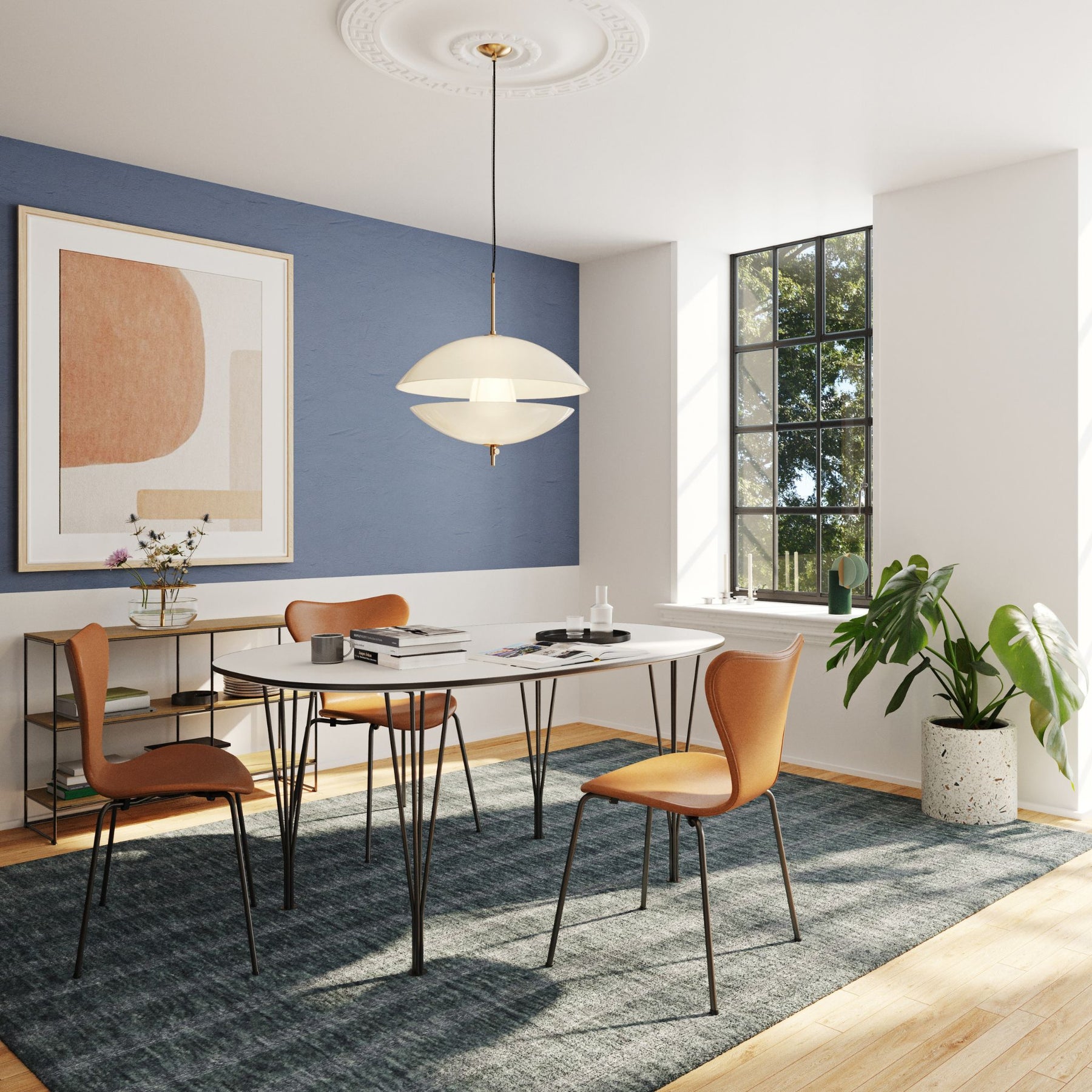 Fritz Hansen Clam Pendant in Sunny Copenhagen Apartment with Super Ellipse Table and Leather Series 7 Chairs