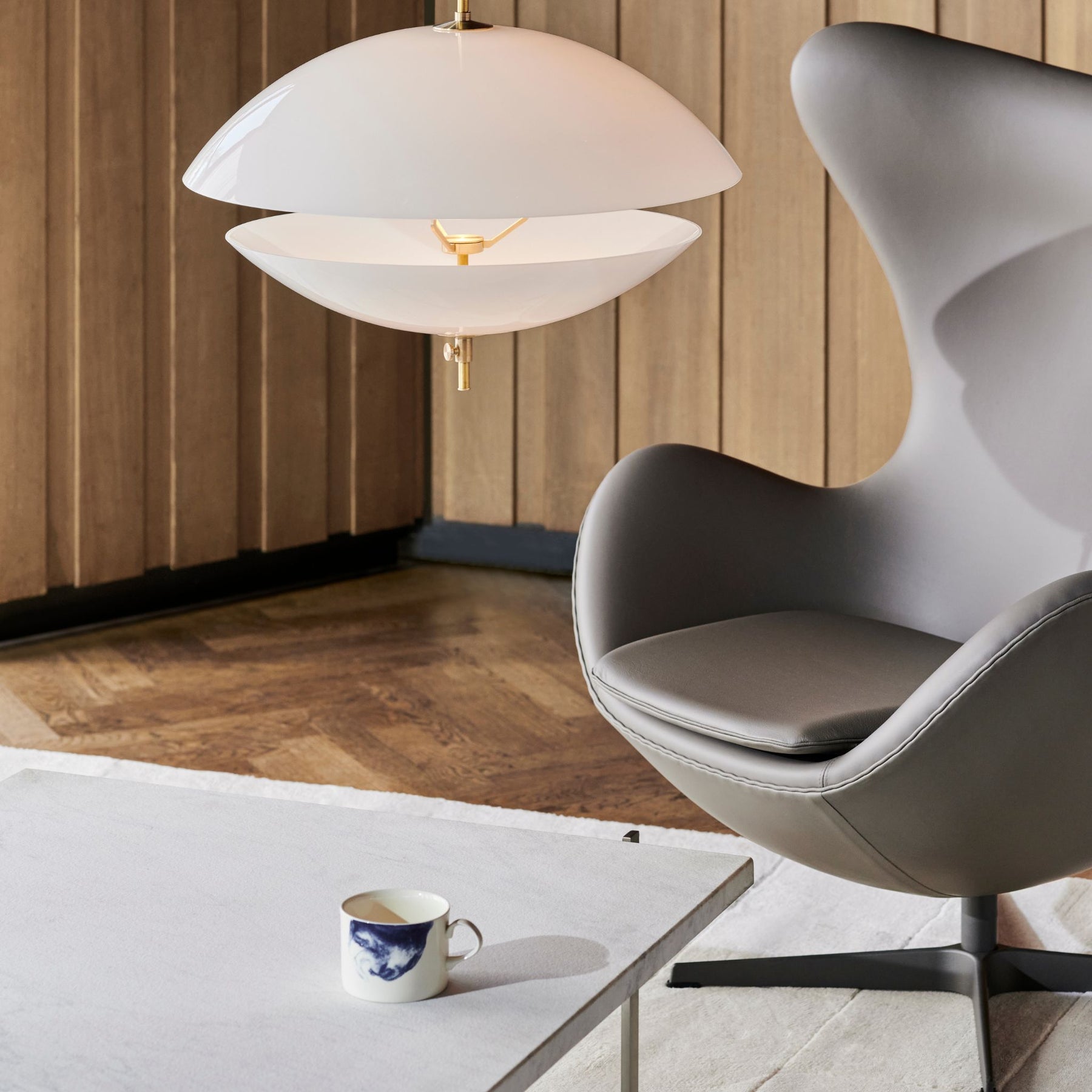 Fritz Hansen Clam Pendant by Egg Chair in Danish Parliament