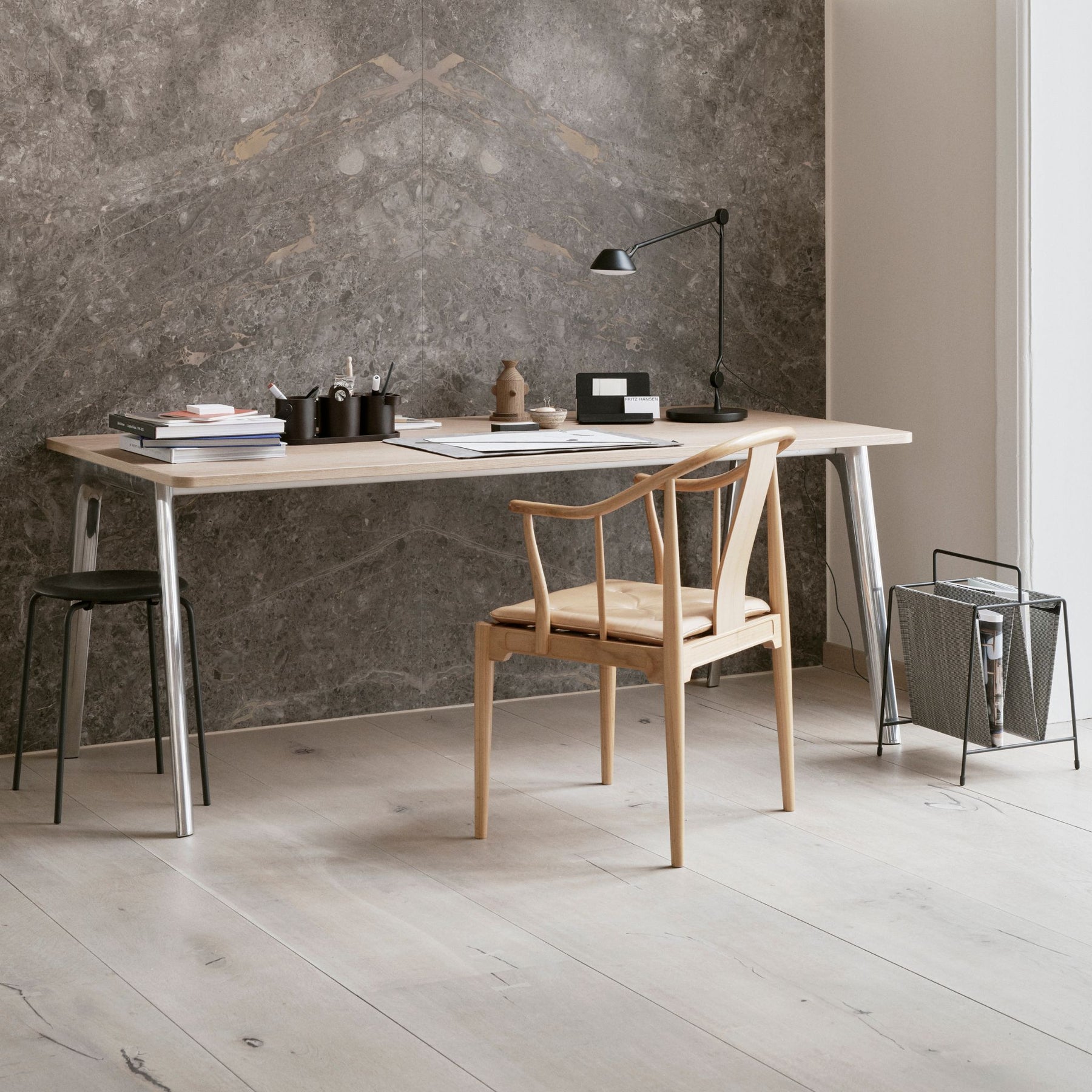 Fritz Hansen Arne Jacobsen Dot Stool in Home Office with Pluralis Desk and China Chair