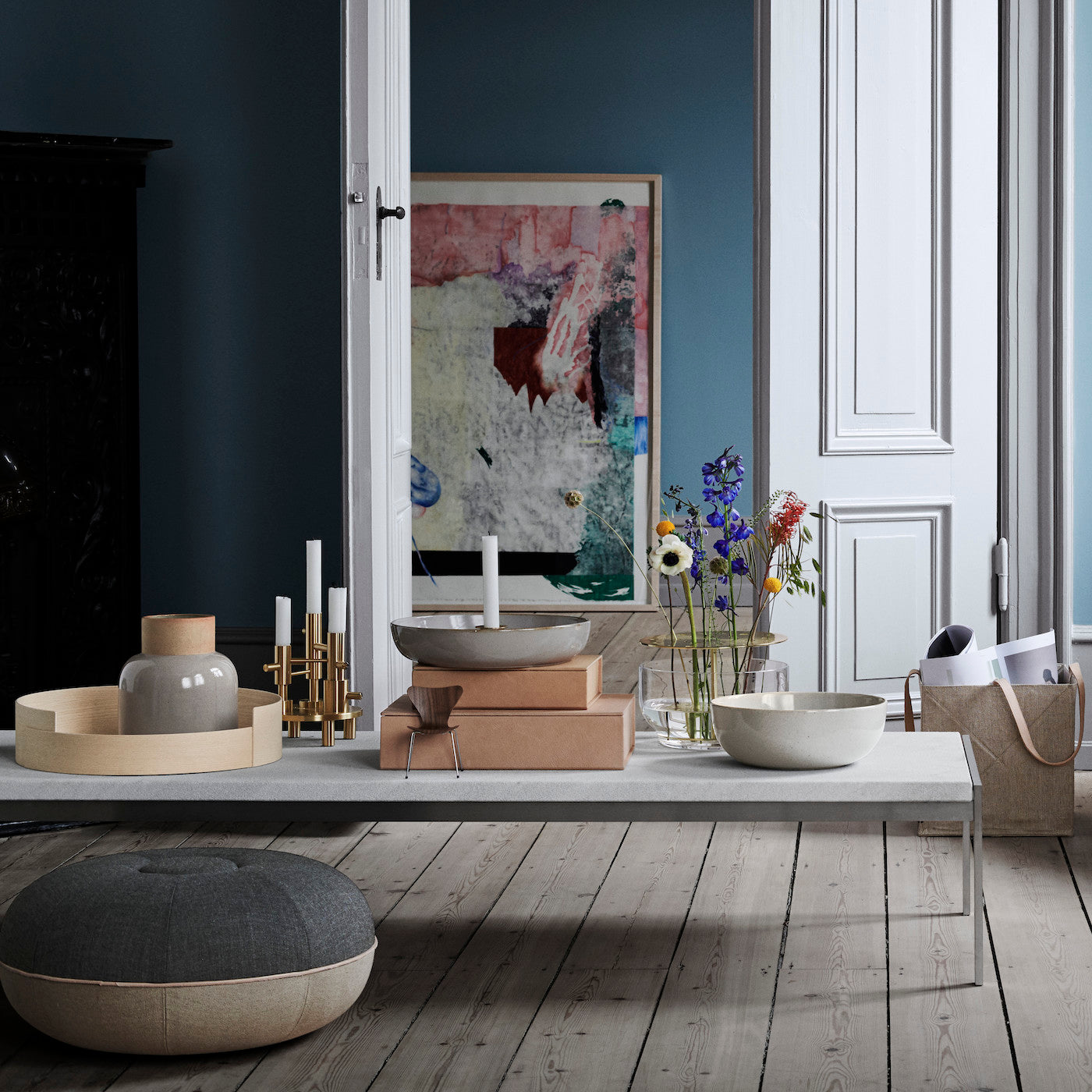 Fritz Hansen Decor Ikebana Vase Cecilie Manz Pouf and Brass Candleholders