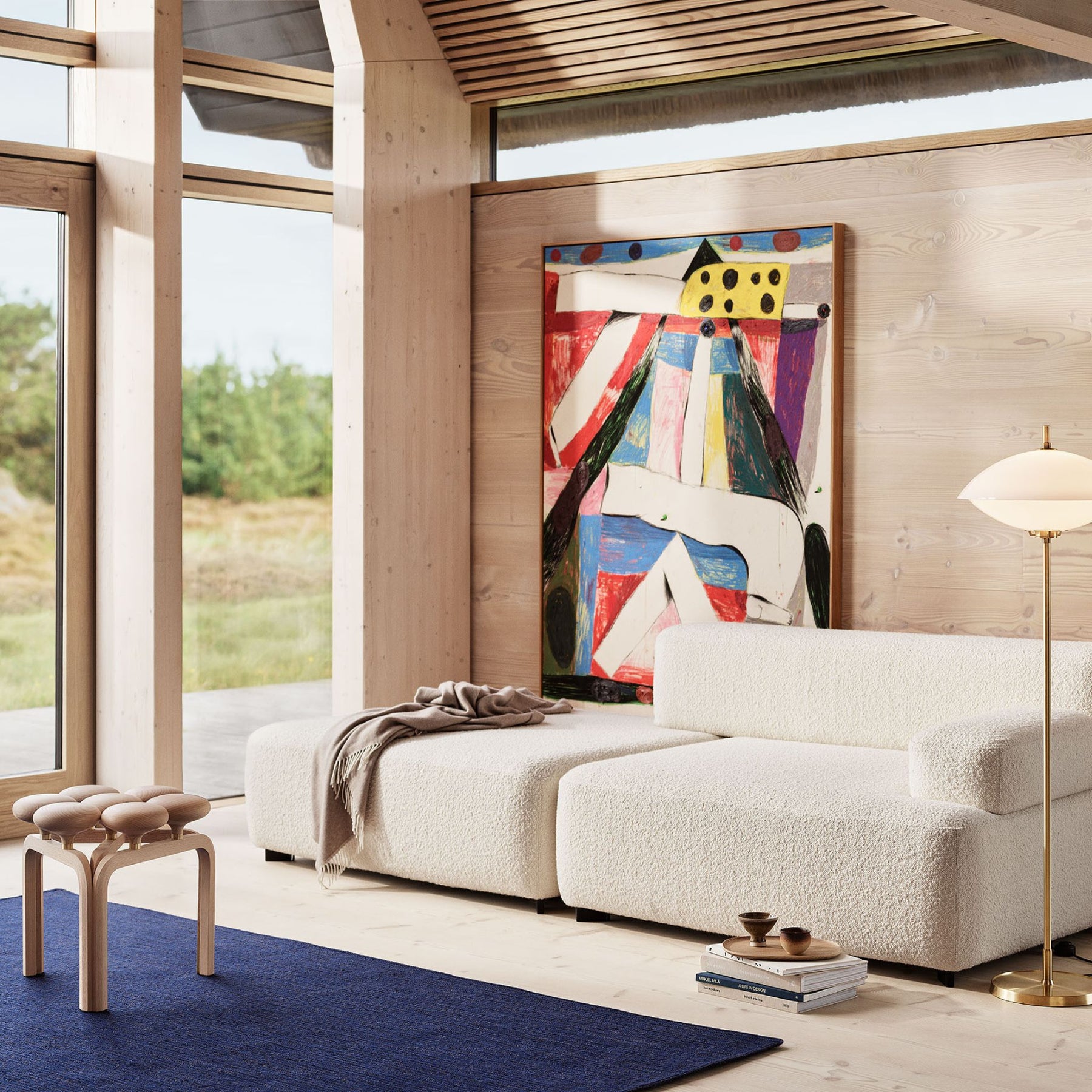 Fritz Hansen Utzon Stool in Living Room with Lissoni Alphabet Sofa and Clam Floor Lamp