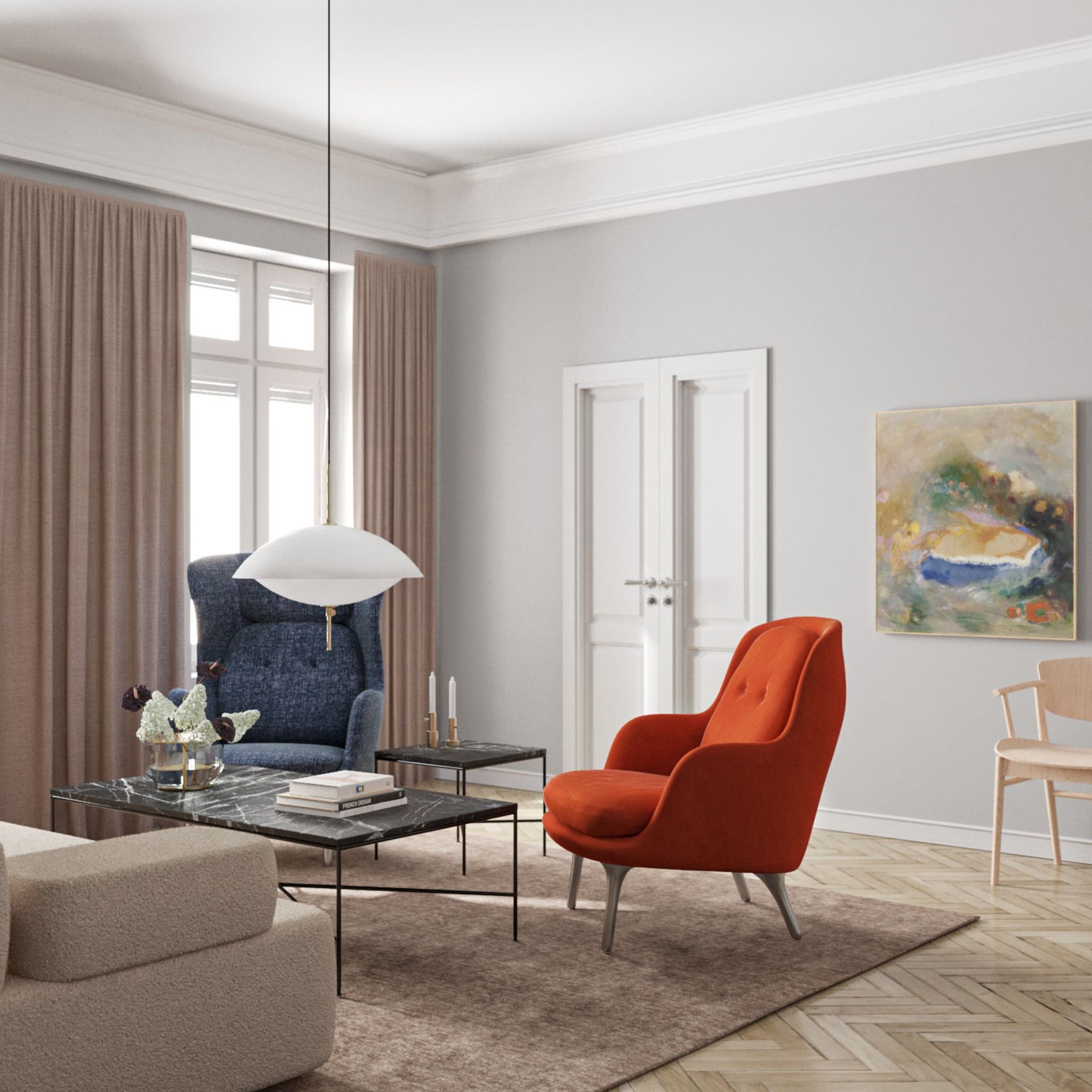 Fritz Hansen Clam Pendant in Living Room with Ro and Fri Chairs over Paul McCobb Marble Coffee Table