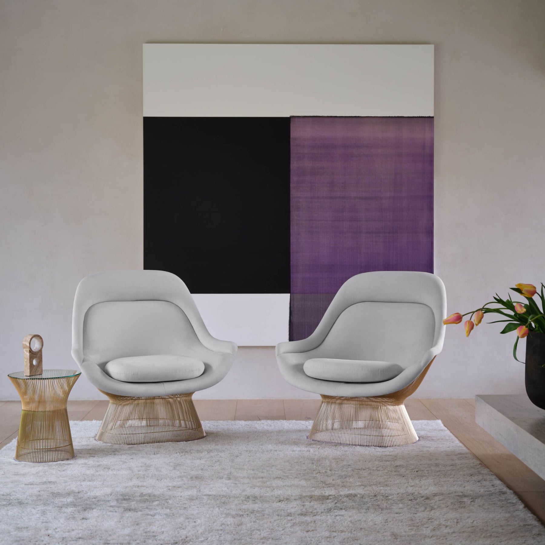 Knoll Platner Easy Chairs Gold in Living Room with Art and Platner Side Table