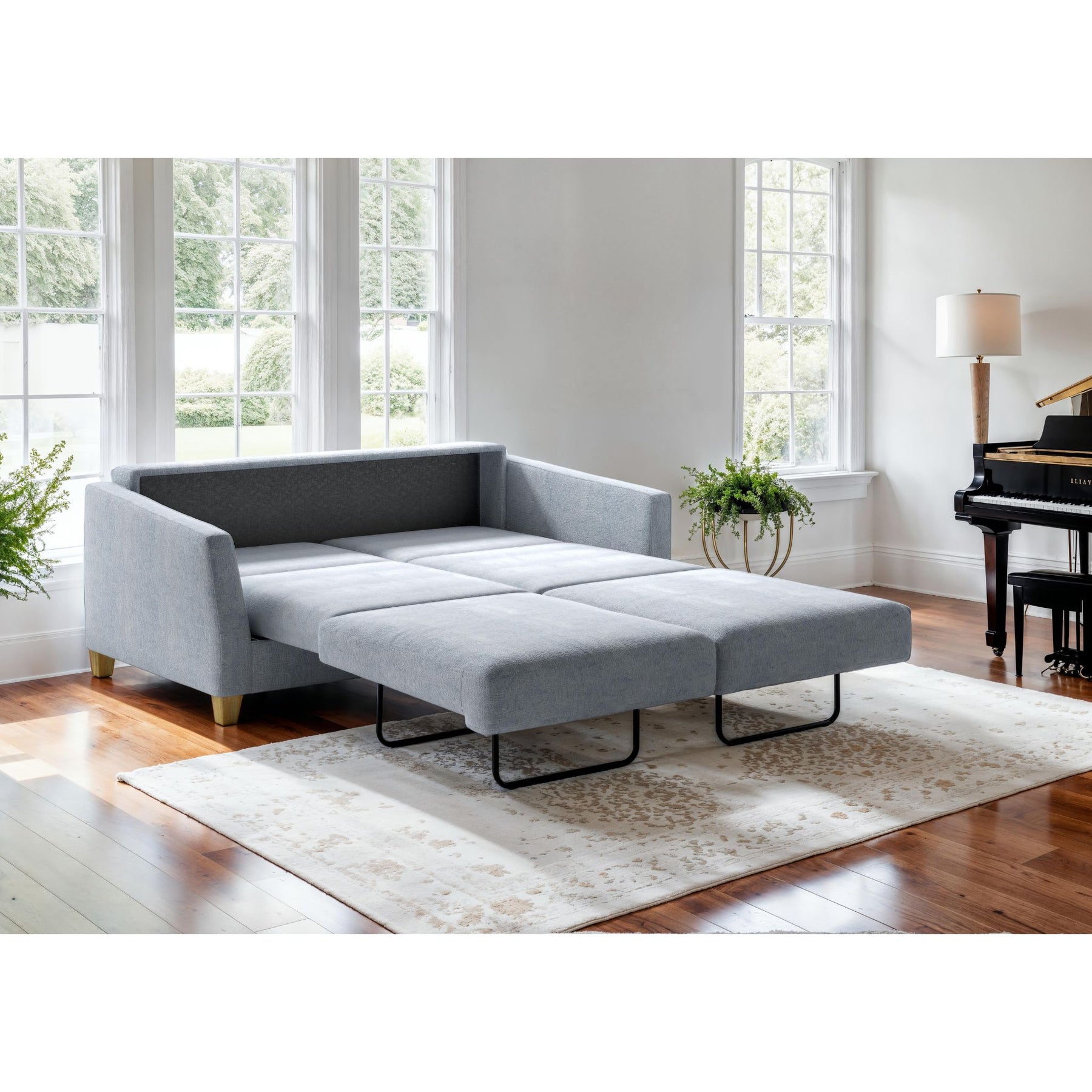 Luonto Monika Sleeper Sofa Cremona 70 Fabric with Oak Legs Open in Living Room