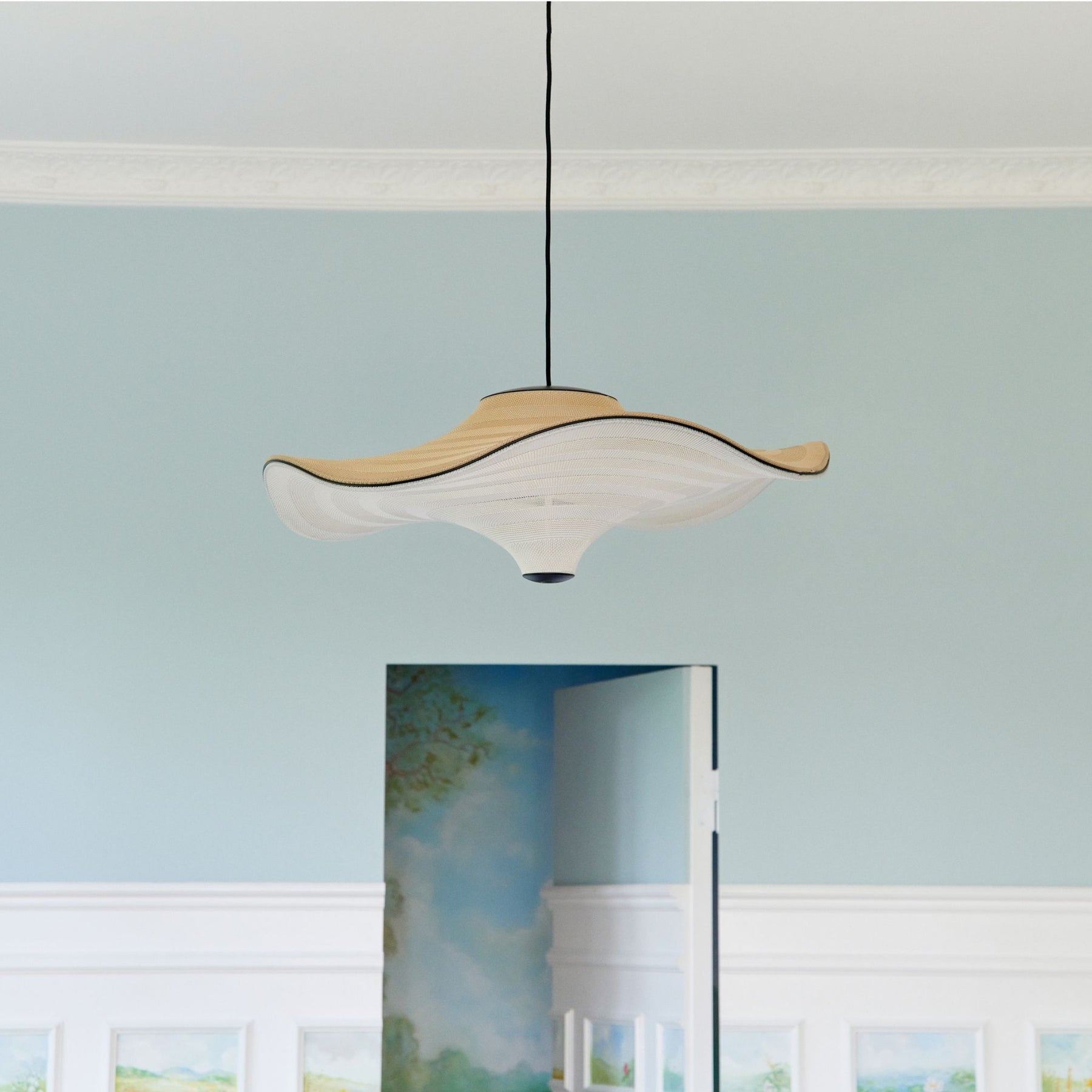 Made By Hand Flying Pendant Golden Sand in Copenhagen Kitchen with Hand Painted Murals