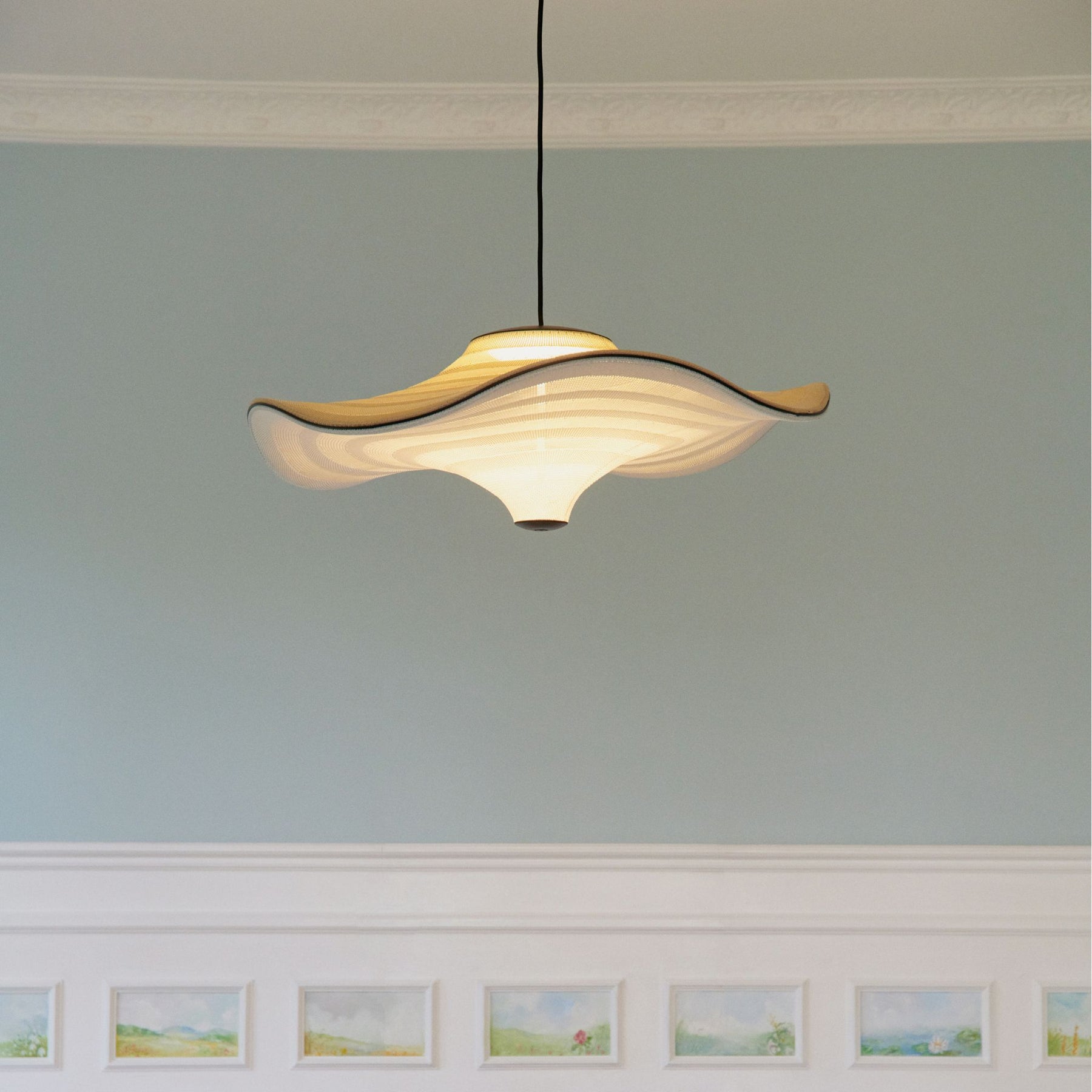 Made By Hand Flying Pendant Lit up in Robin's Egg Blue Copenhagen Kitchen