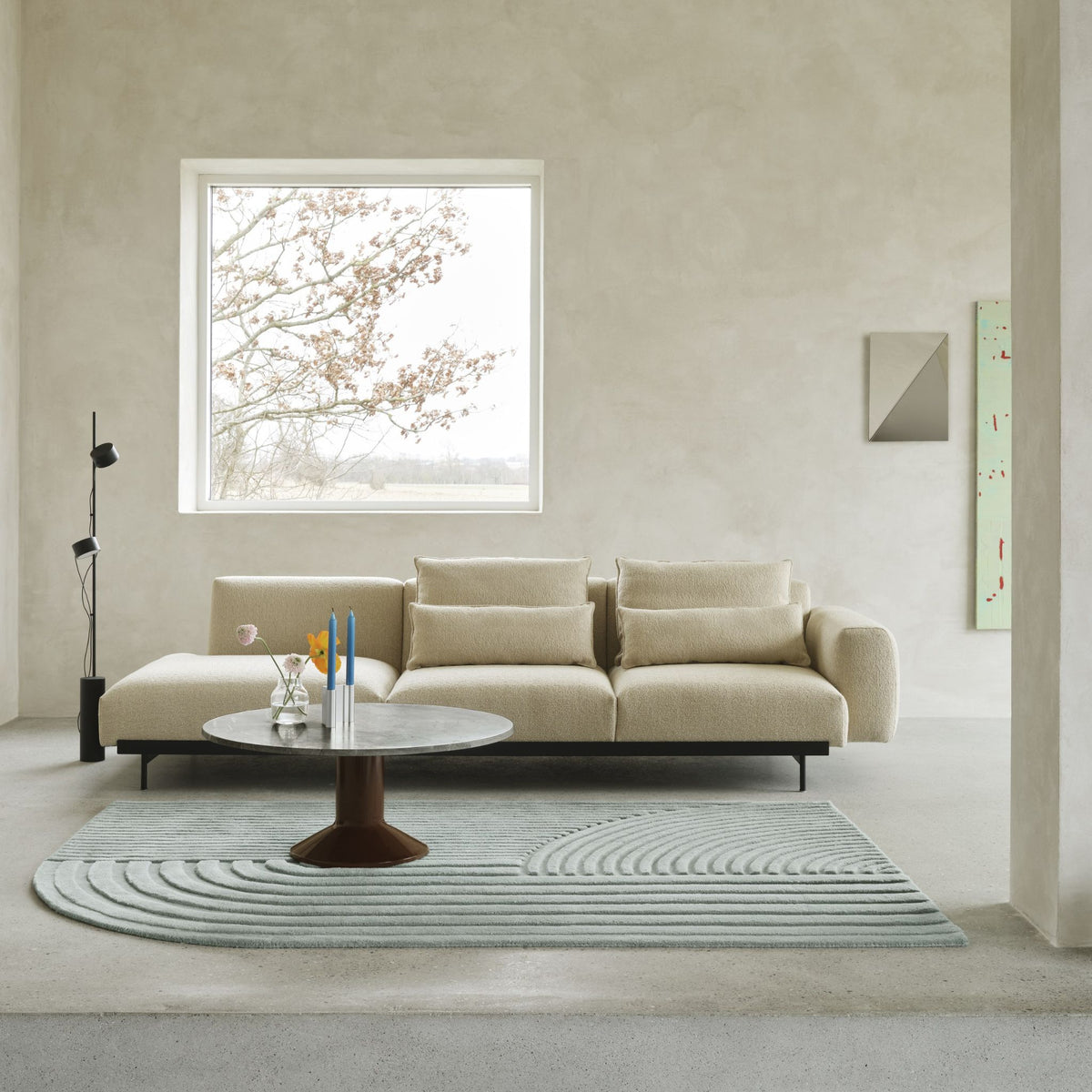 Muuto In Situ Modular Sofa in Living Room with Revelo Rug, Post Floor Lamp, and Midst Coffee Table