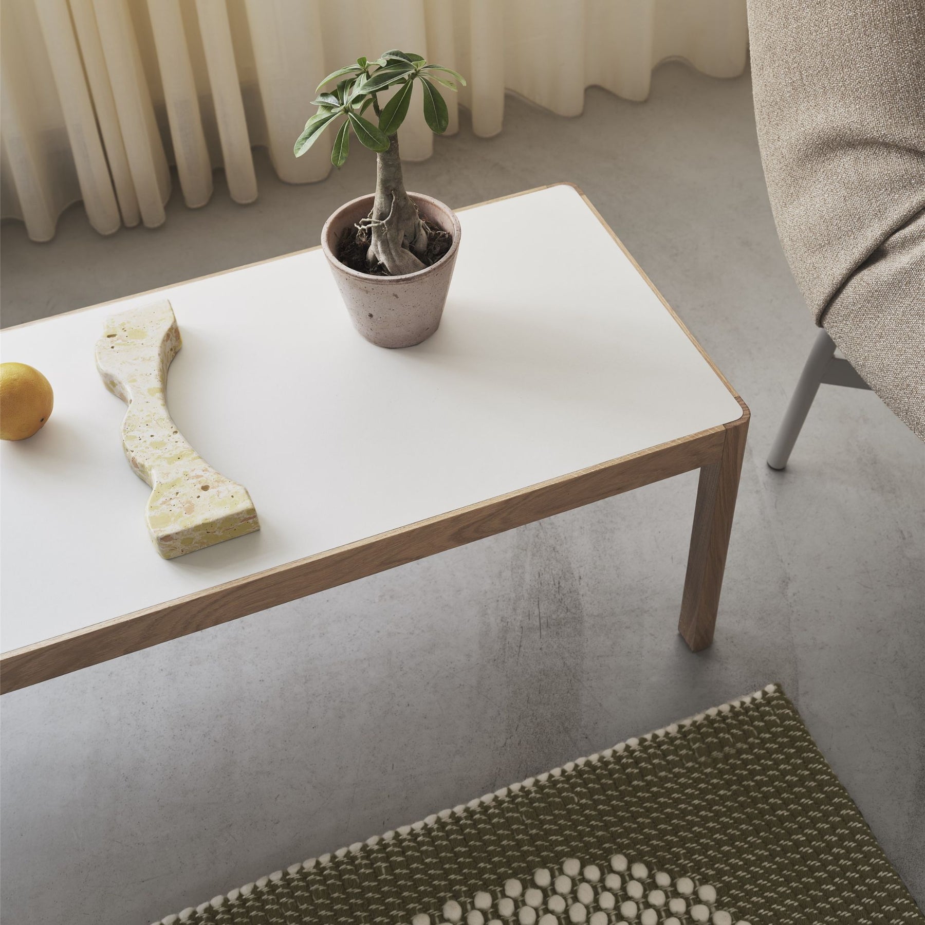 Muuto Workshop Coffee Table Warm Grey Linoleum and Oak Top Detail