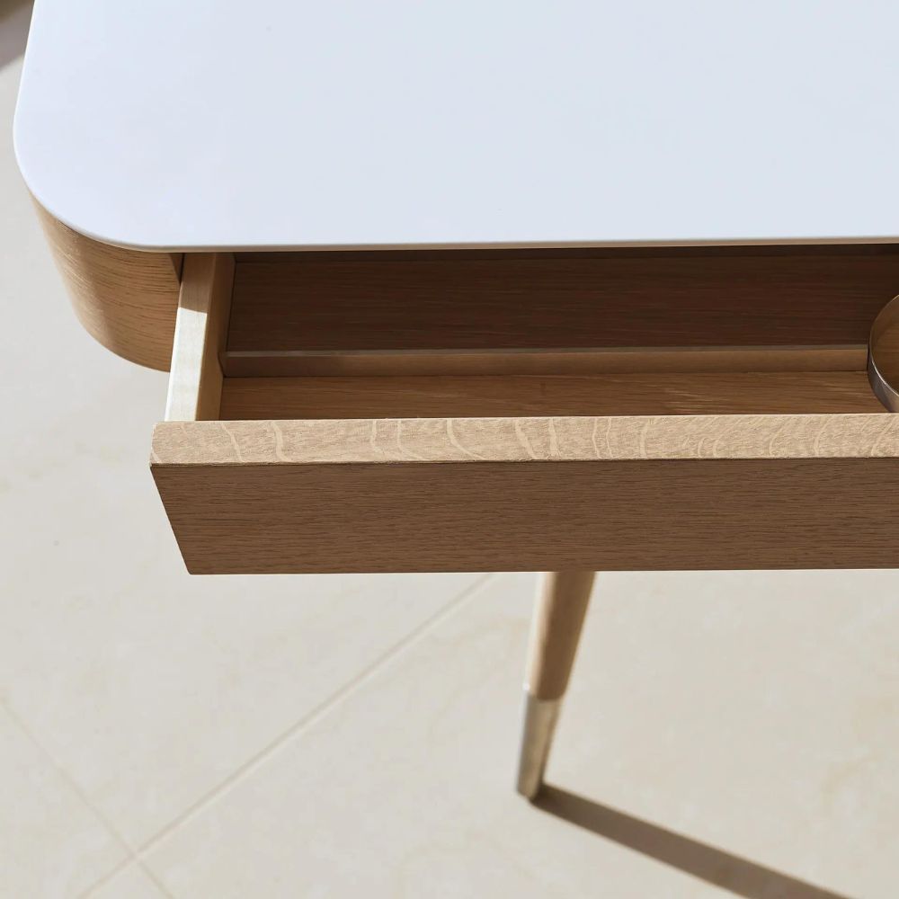 Naver AK 1330 Desk Oak White Oil with White Corian Top Drawer Detail