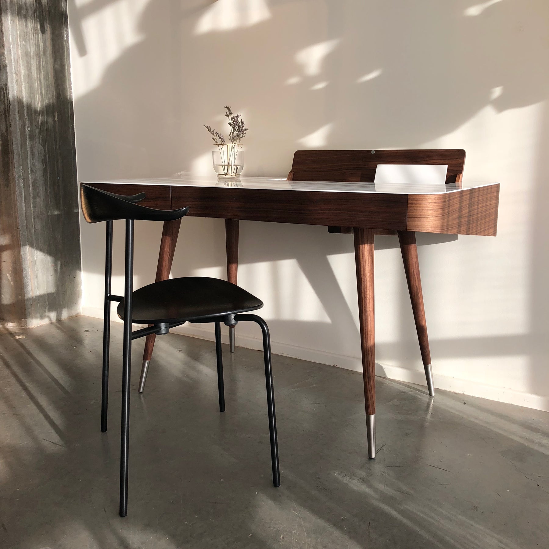 Naver AK1330 Desk Walnut and Corian with Wegner CH88 Chair and Ikebana Vase