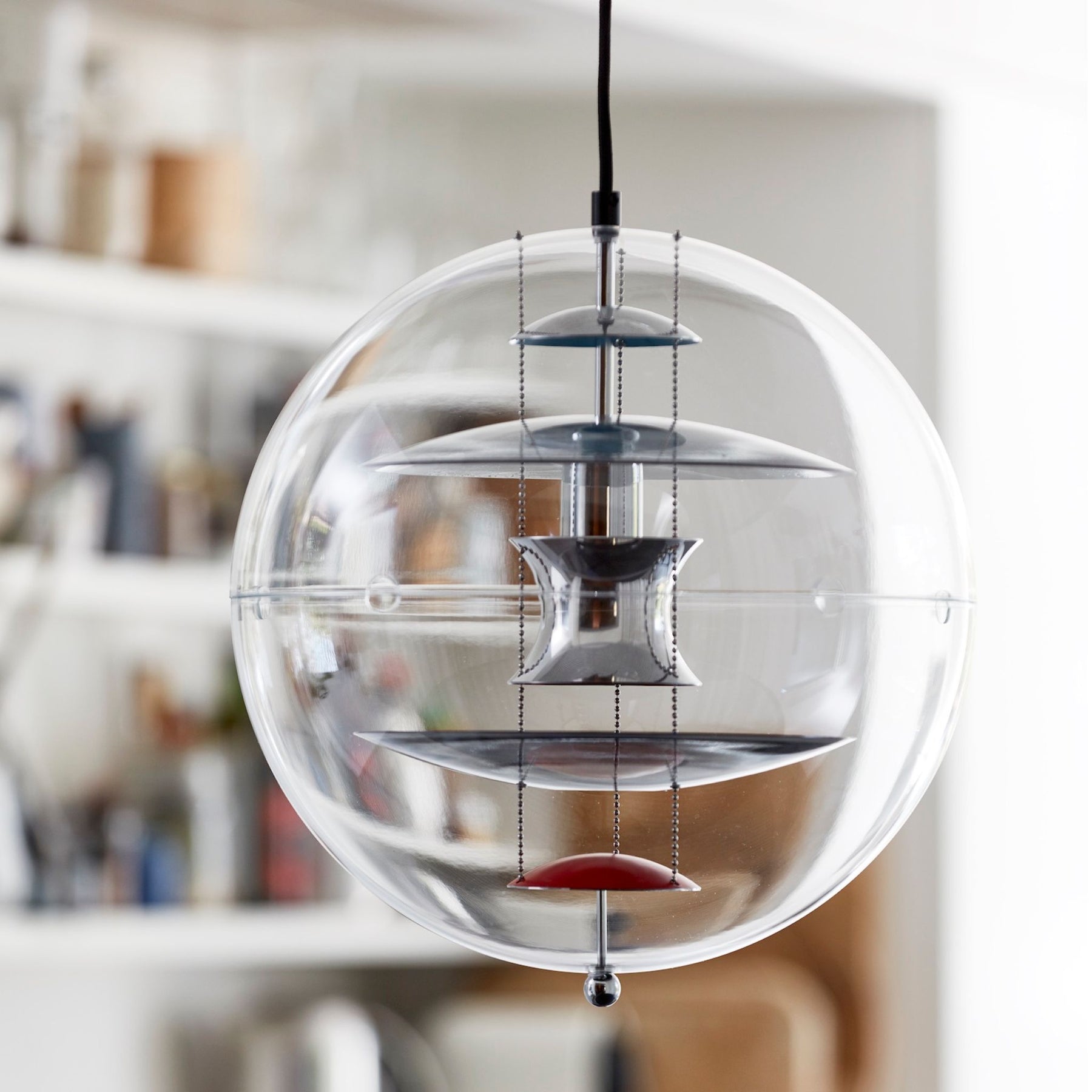 Verpan VP Globe over Kitchen Table in Copenhagen Apartment with Shelves in Background