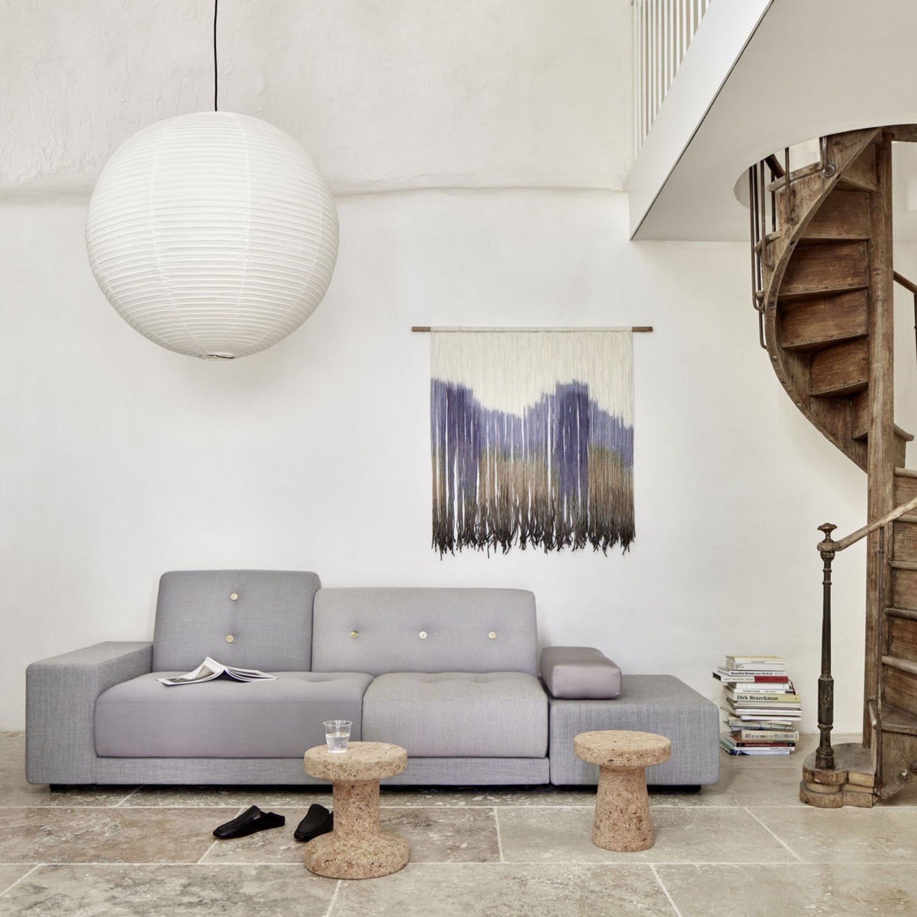 Vitra Polder Sofa Pebble Gerys in Living Room with Cork Stools and Noguchi Lantern