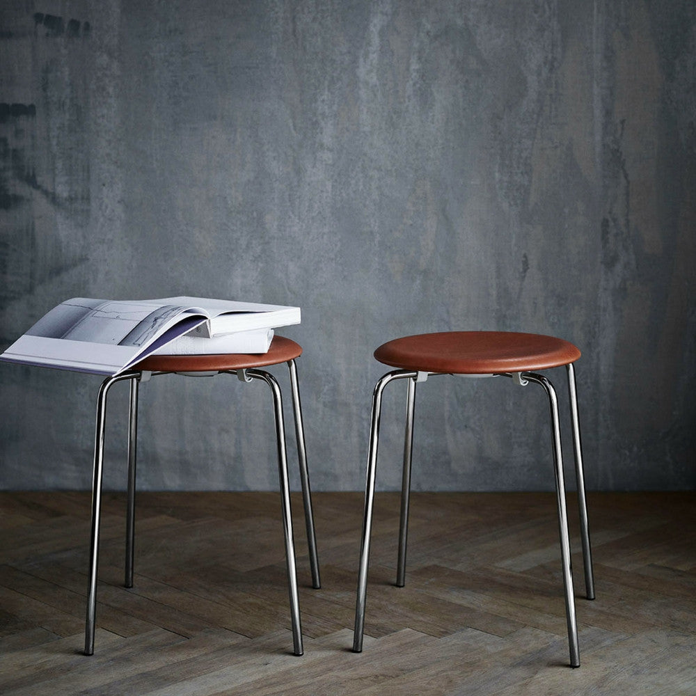 Fritz Hansen Arne Jacobsen Dot Stools Walnut Leather with Chrome Styled