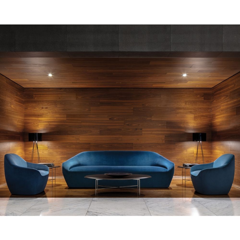 Bernhardt Design Terry Crews Blue Velvet Becca Chairs and Sofa in Hotel Lobby