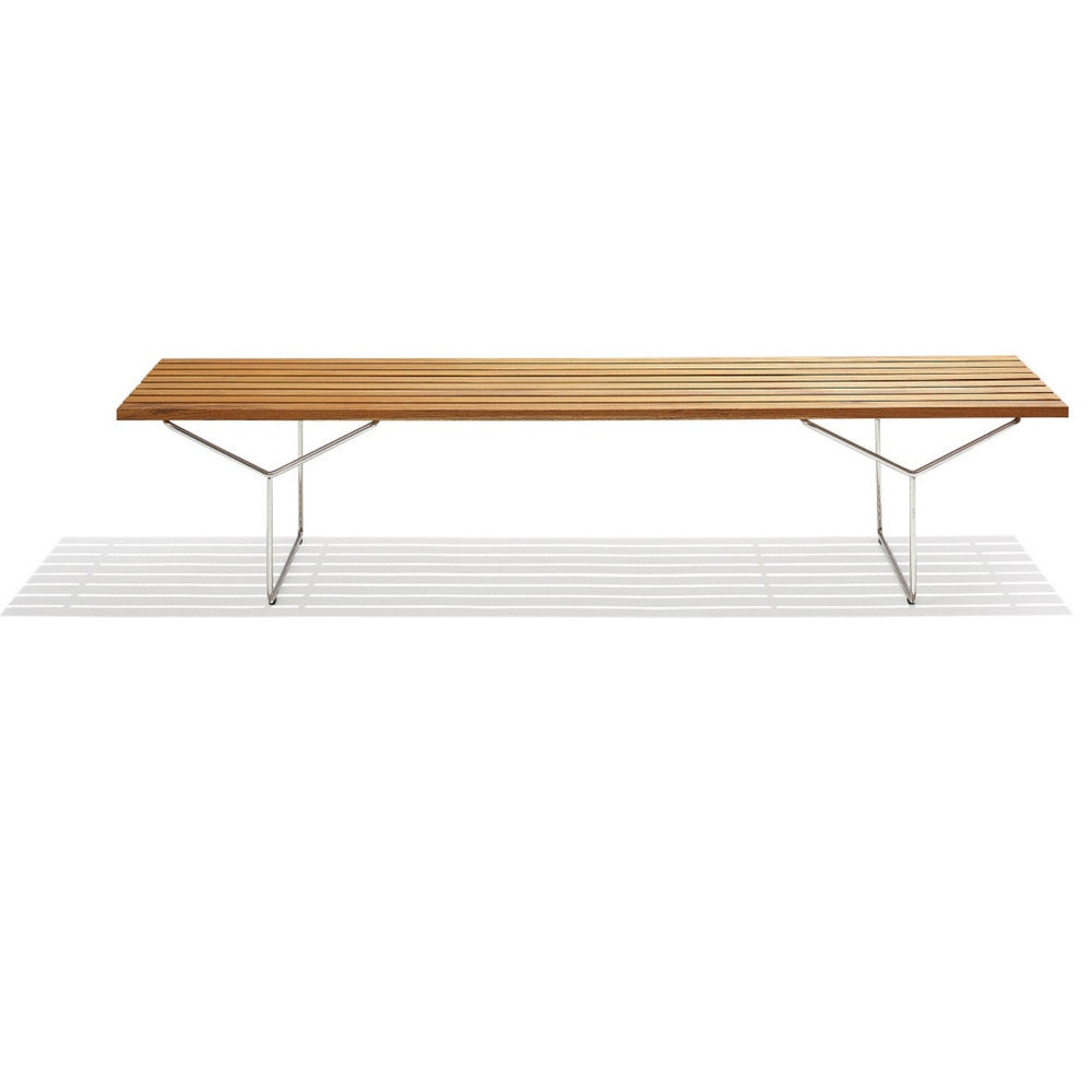 Bertoia Outdoor Bench Wide View Teak and Stainless Steel