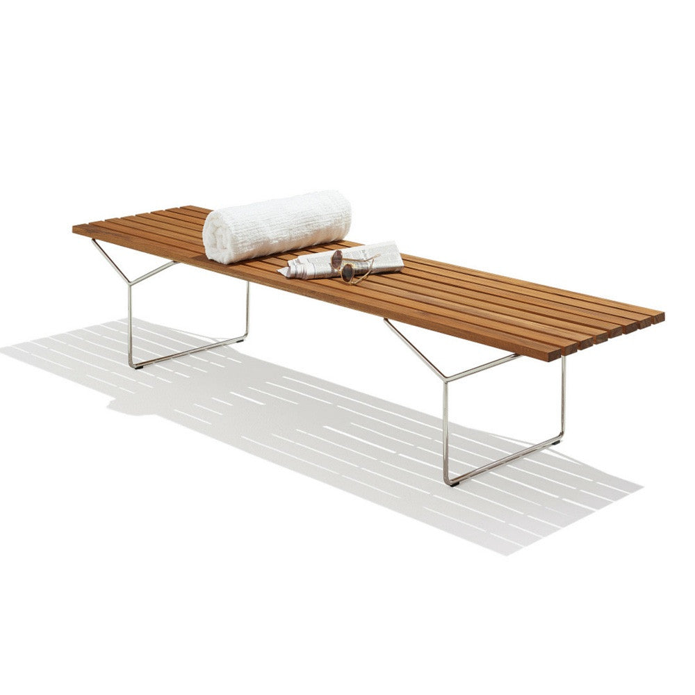 Bertoia Outdoor Bench with Towel and Sunglasses Teak and Stainless Steel Knoll