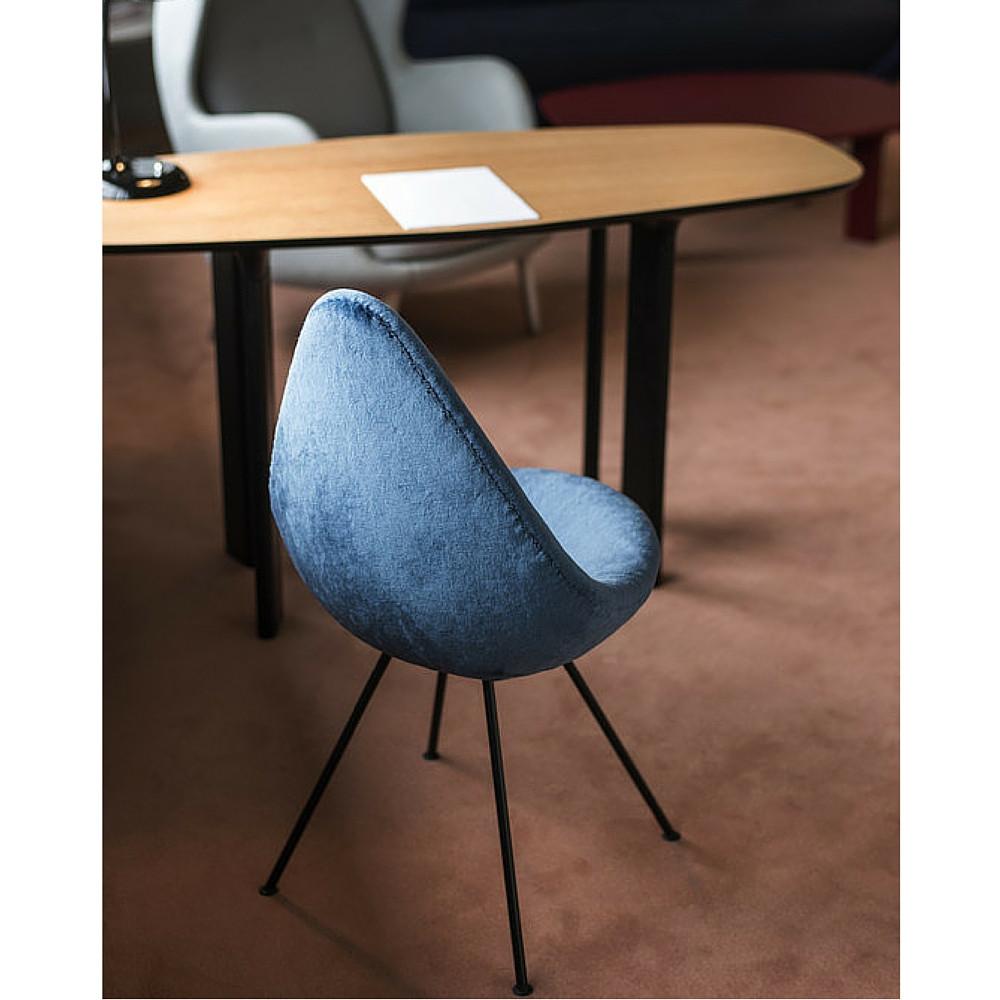 Fritz Hansen Arne Jacobsen Drop Chair Blue Velvet in Royal Copenhagen Hotel Room interior designed by Jaime Hayon