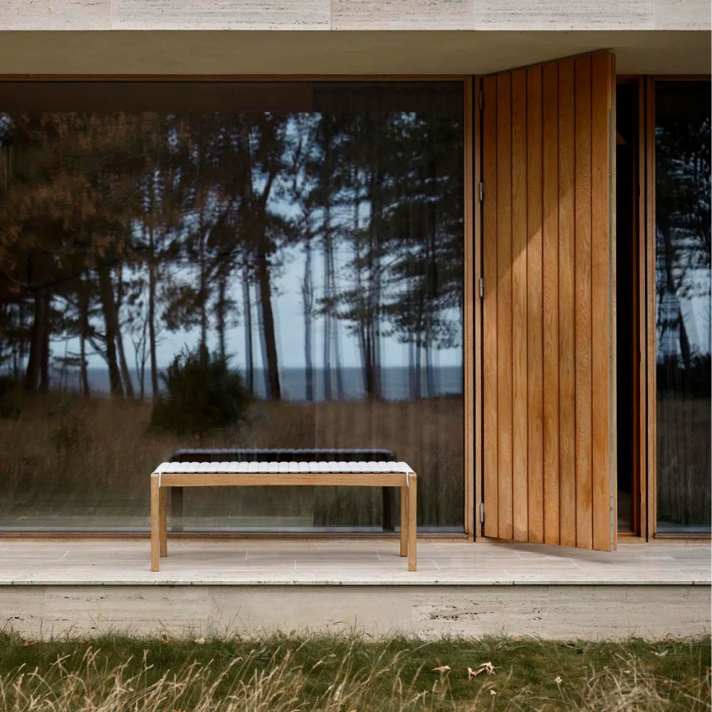 Carl Hansen AH912 Outdoor Teak Table Bench with Cushion by Window Reflection Danish Summer House