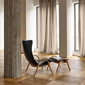 Carl Hansen FH429 Signature Chair by Frits Henningsen Black Leather SIF Oak Oil Frame in room with Linen Drapes