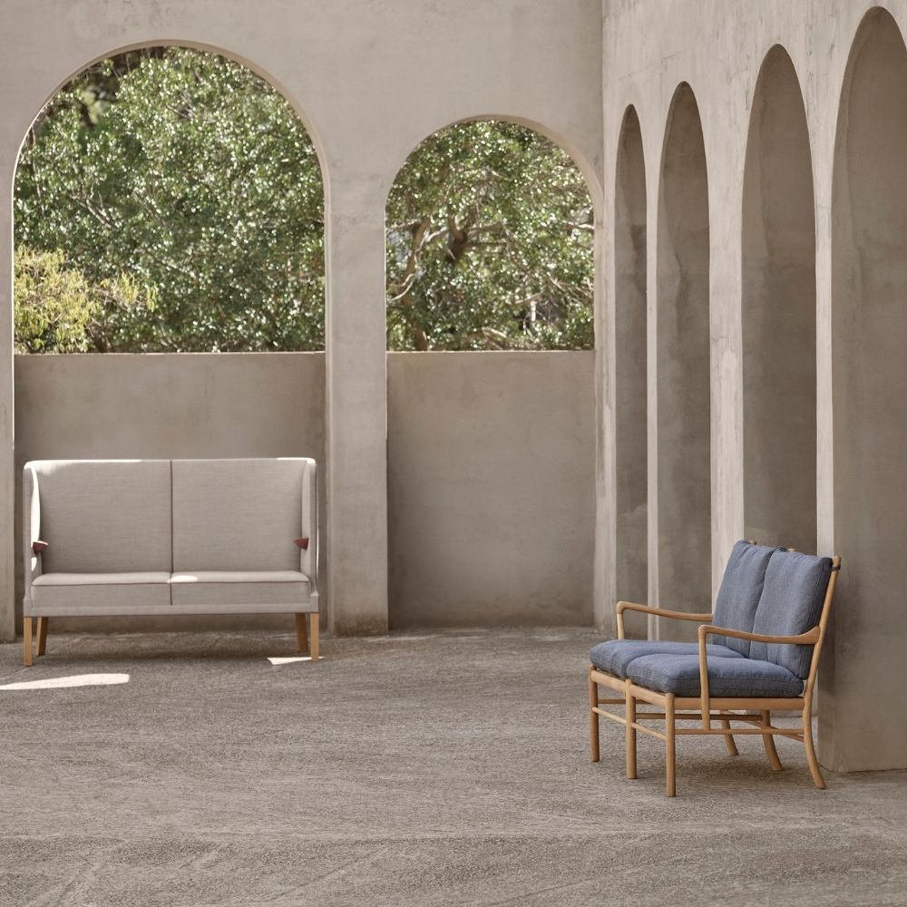 Carl Hansen Ole Wanscher Colonial Sofa OW149-2 Oak Oil and Rewool with Frits Henningsen Coupe Sofa at Barcelona Sculptor's House