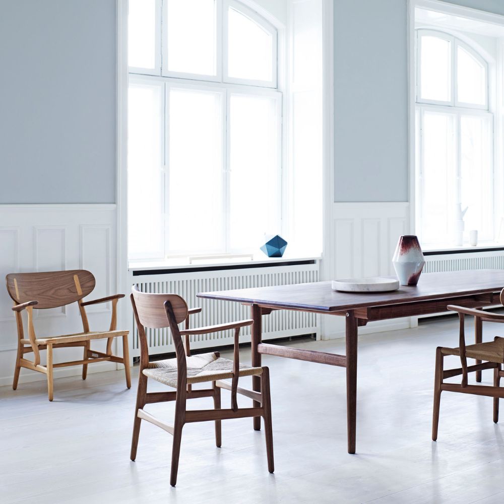 Wegner CH327 Dining Table Walnut in room with CH26 Dining Chairs