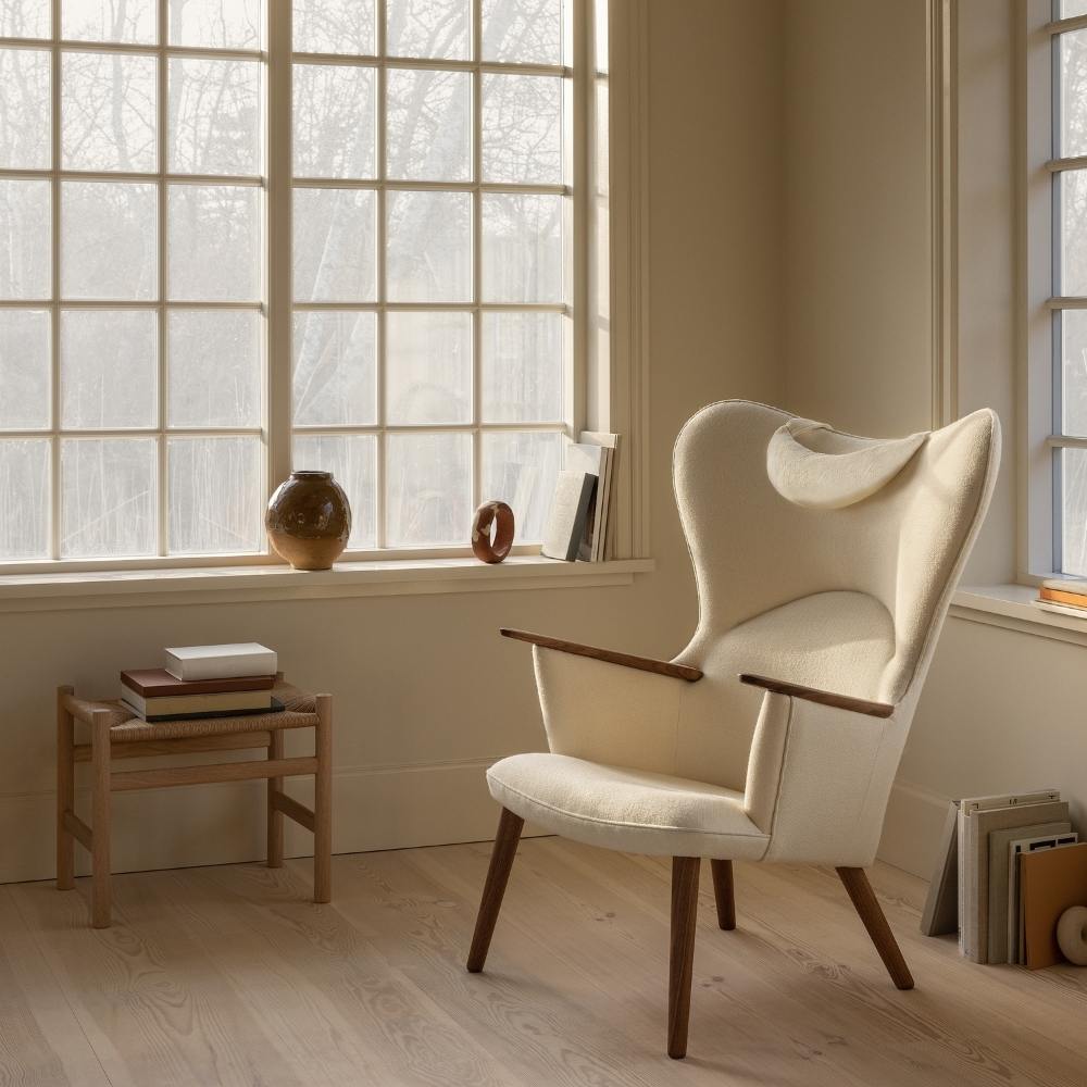 Carl Hansen CH78 Mama Bear Chair by Hans Wegner in Kvadrat Hallingdal 100 White Wool and Oiled Walnut