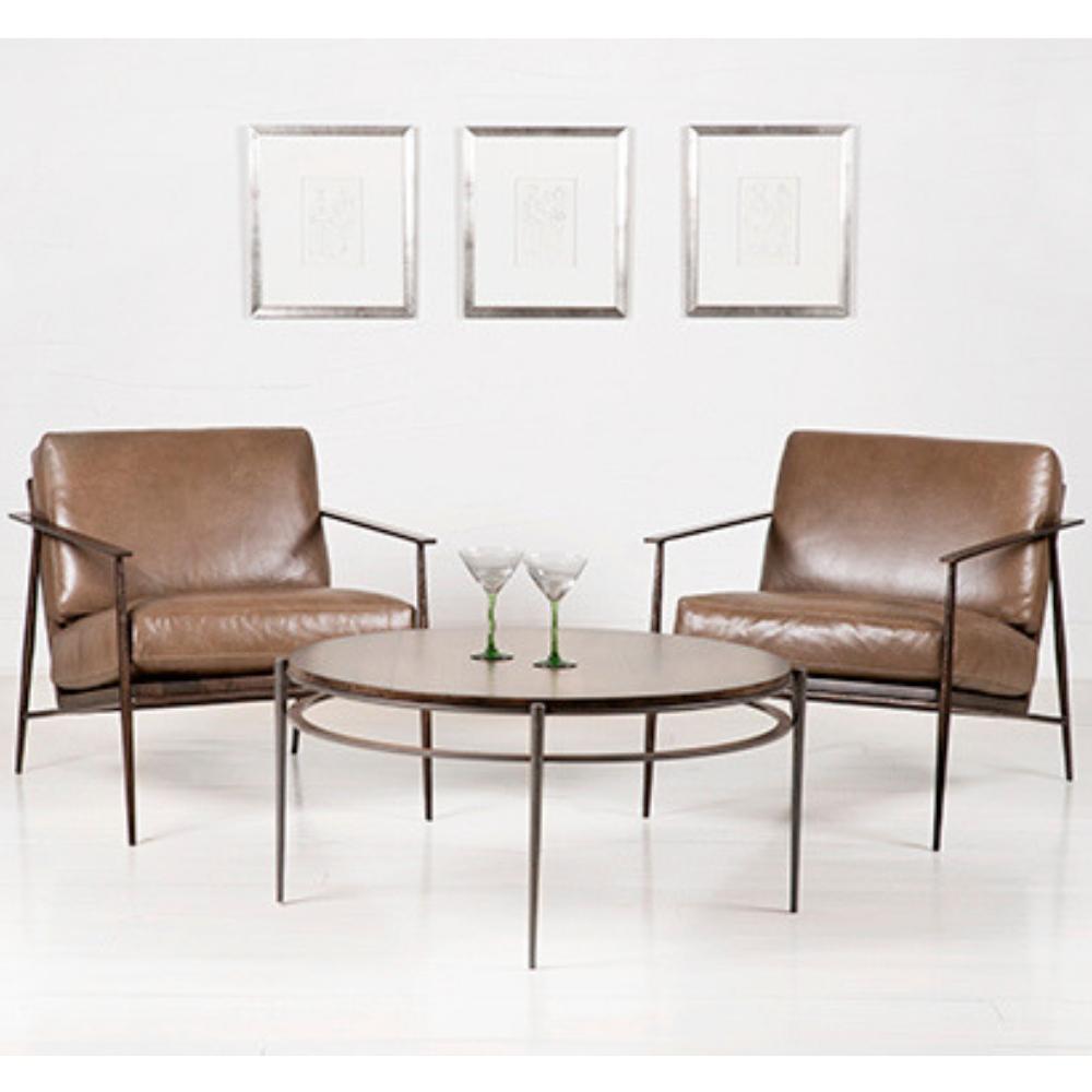 Charleston Forge Emmitt Lounge Chairs in Tobacco Brown Leather in room with Collins Cocktail Table