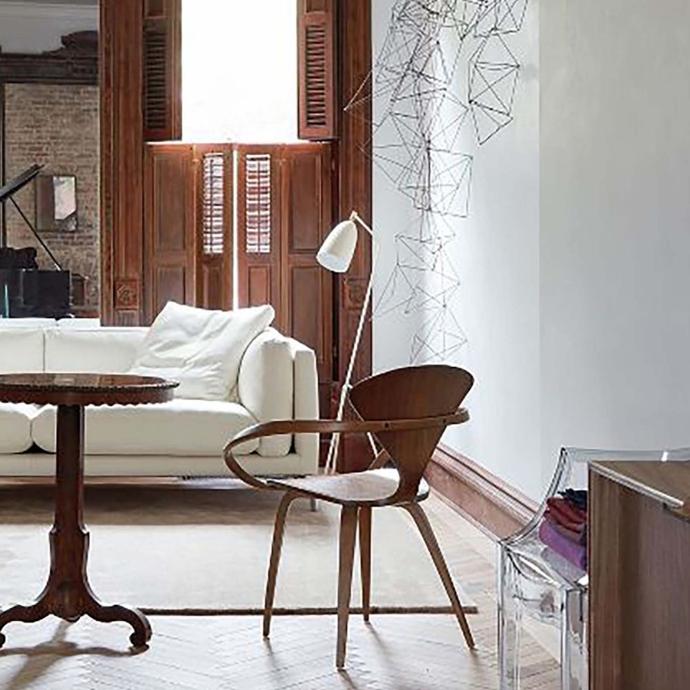 Cherner Armchair in Classic Walnut in room with Greta Grossman Grasshopper Lamp