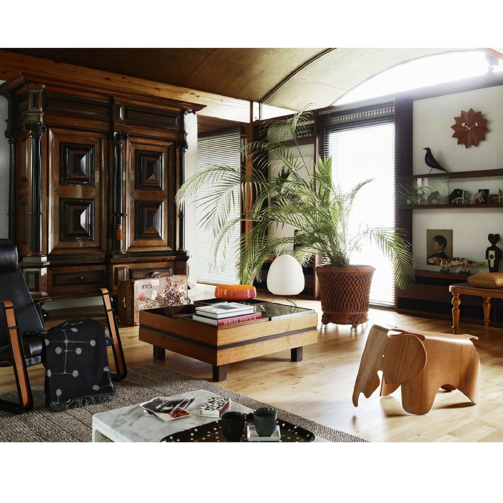 Vitra Eames Wool Dot Pattern Blanket in room with Plywood Eames Elephant
