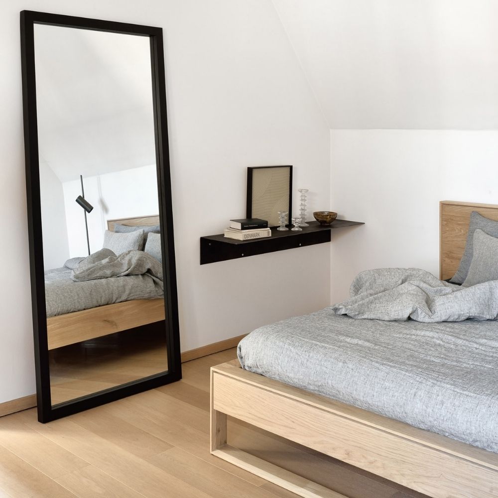 Ethnicraft Nordic Bed and Black Oak Light Frame Floor Mirror