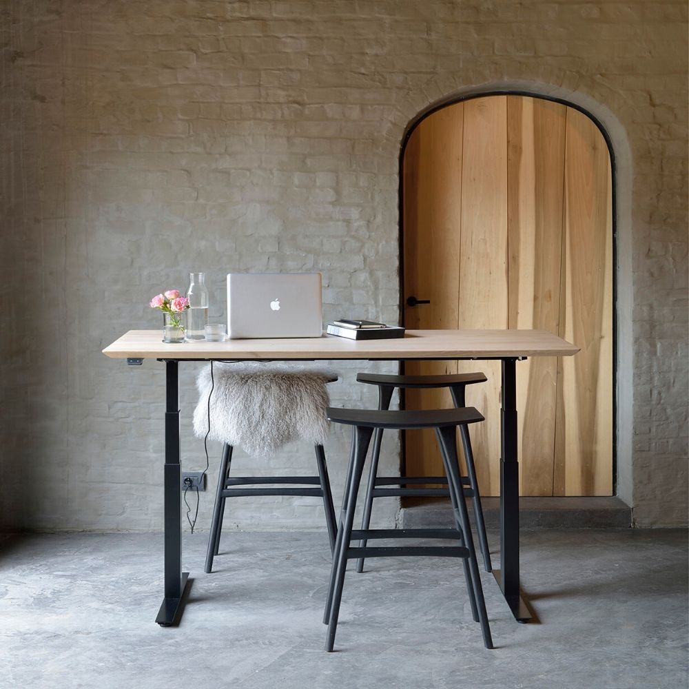 Ethnicraft Oak Bok Adjustable Desk in Situ with Black Osso Stools