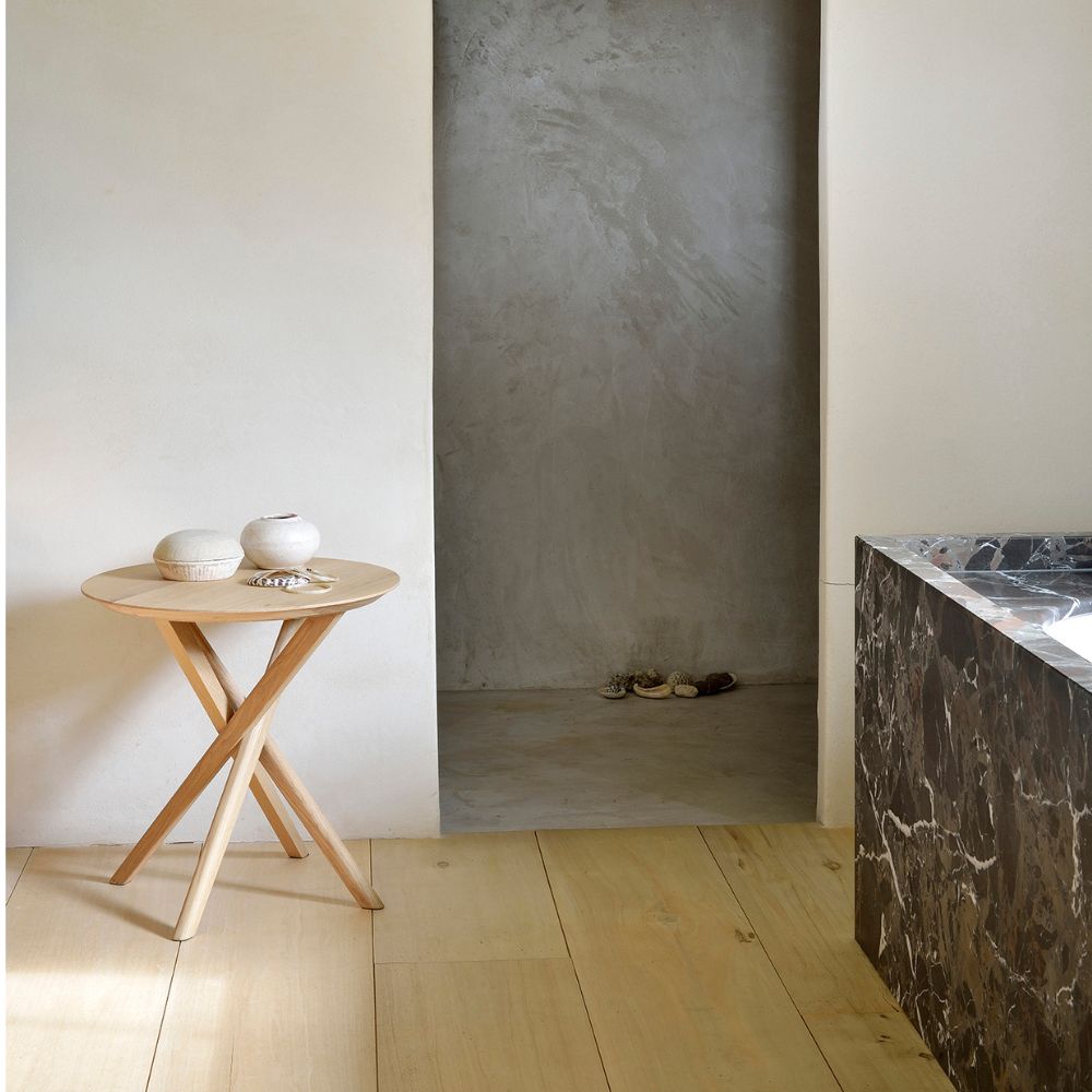 Ethnicraft Oak Mikado Side Table in Bathroom with Marble Tub