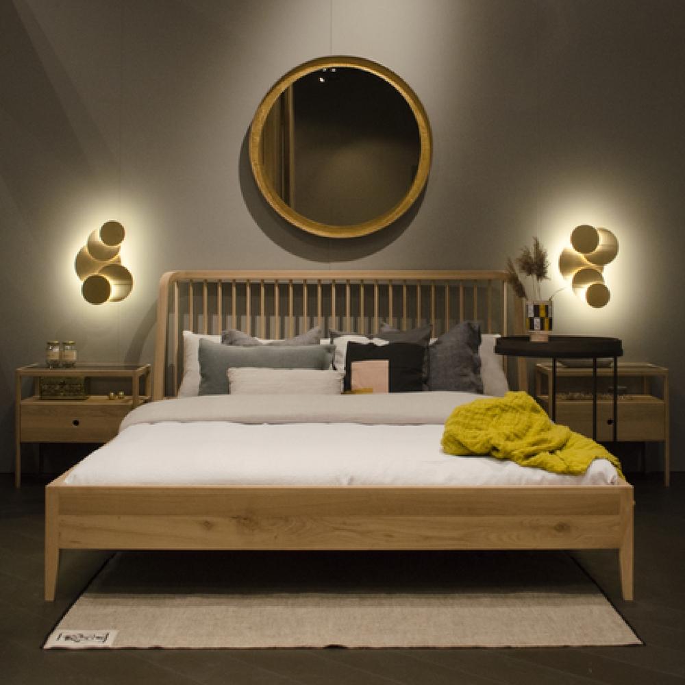 Ethnicraft Oak Spindle Bedside Tables in Room with Spindle Bed Maison Objet 2018